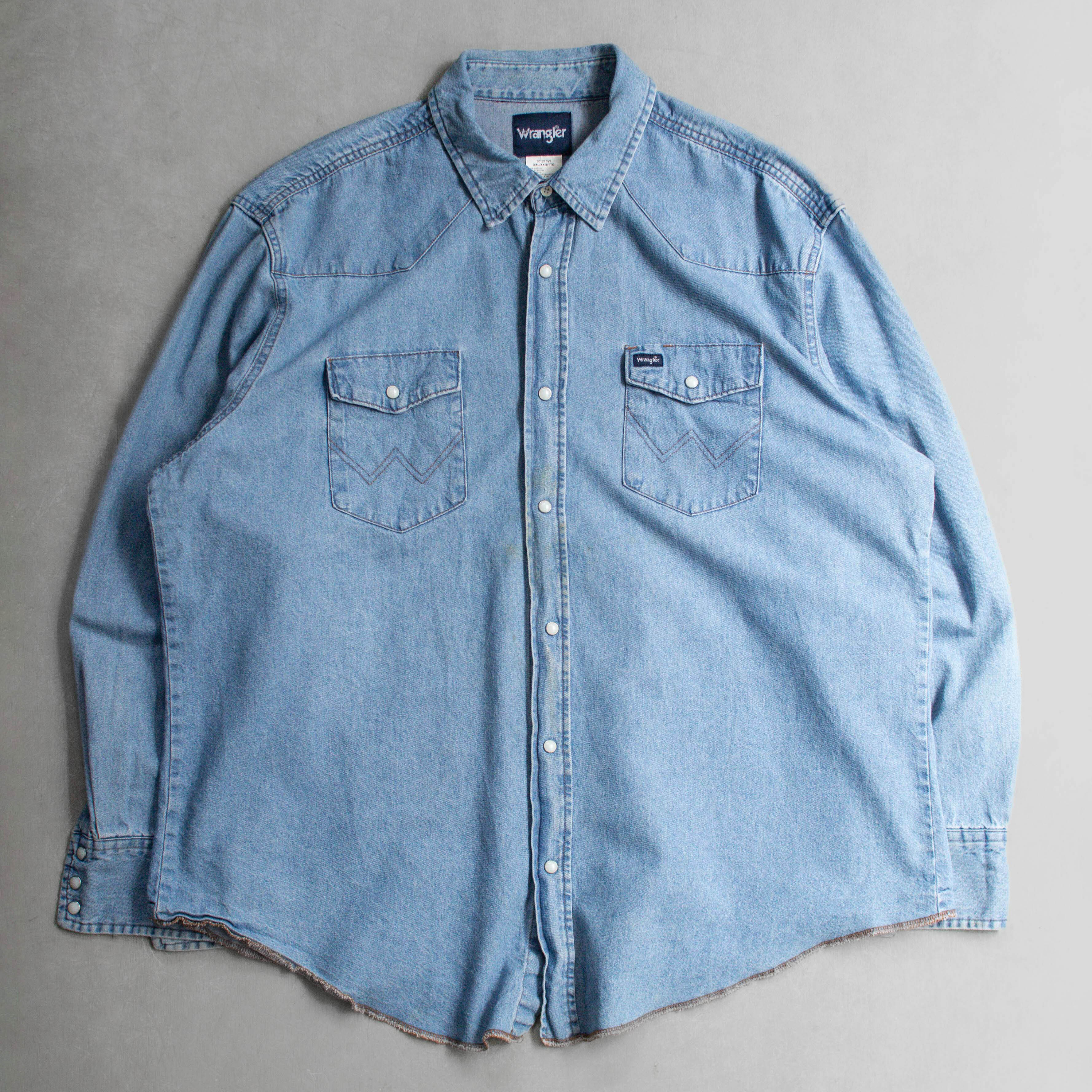 90S WRANGLER DENIM SHIRT 美國 藍哥 淺藍 長袖 丹寧 西部 襯衫 b