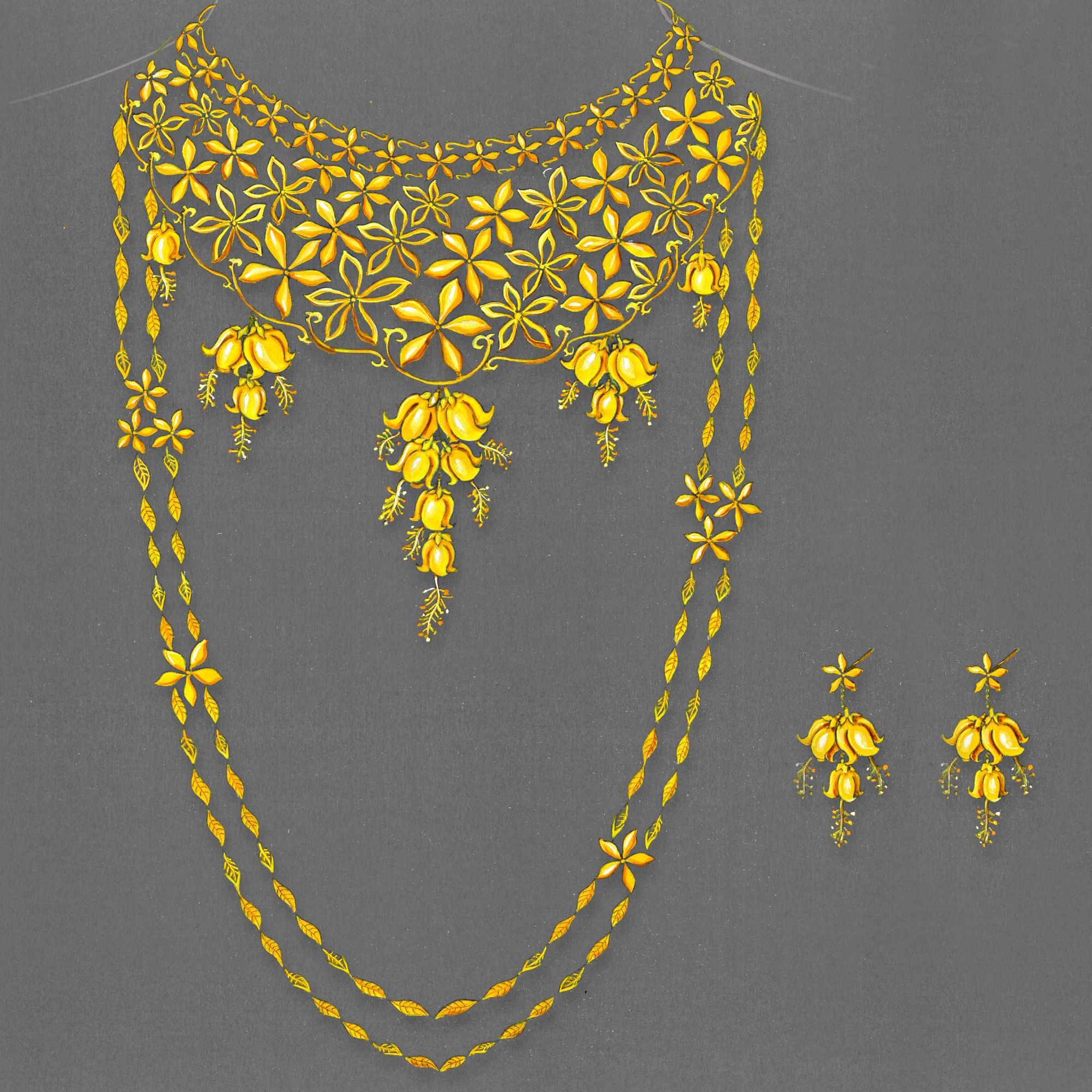 Hand-drawn design of an intricate gold jewelry set featuring a floral-patterned necklace with layered chains and matching dangling earrings, adorned with ornate flower and bud motifs.