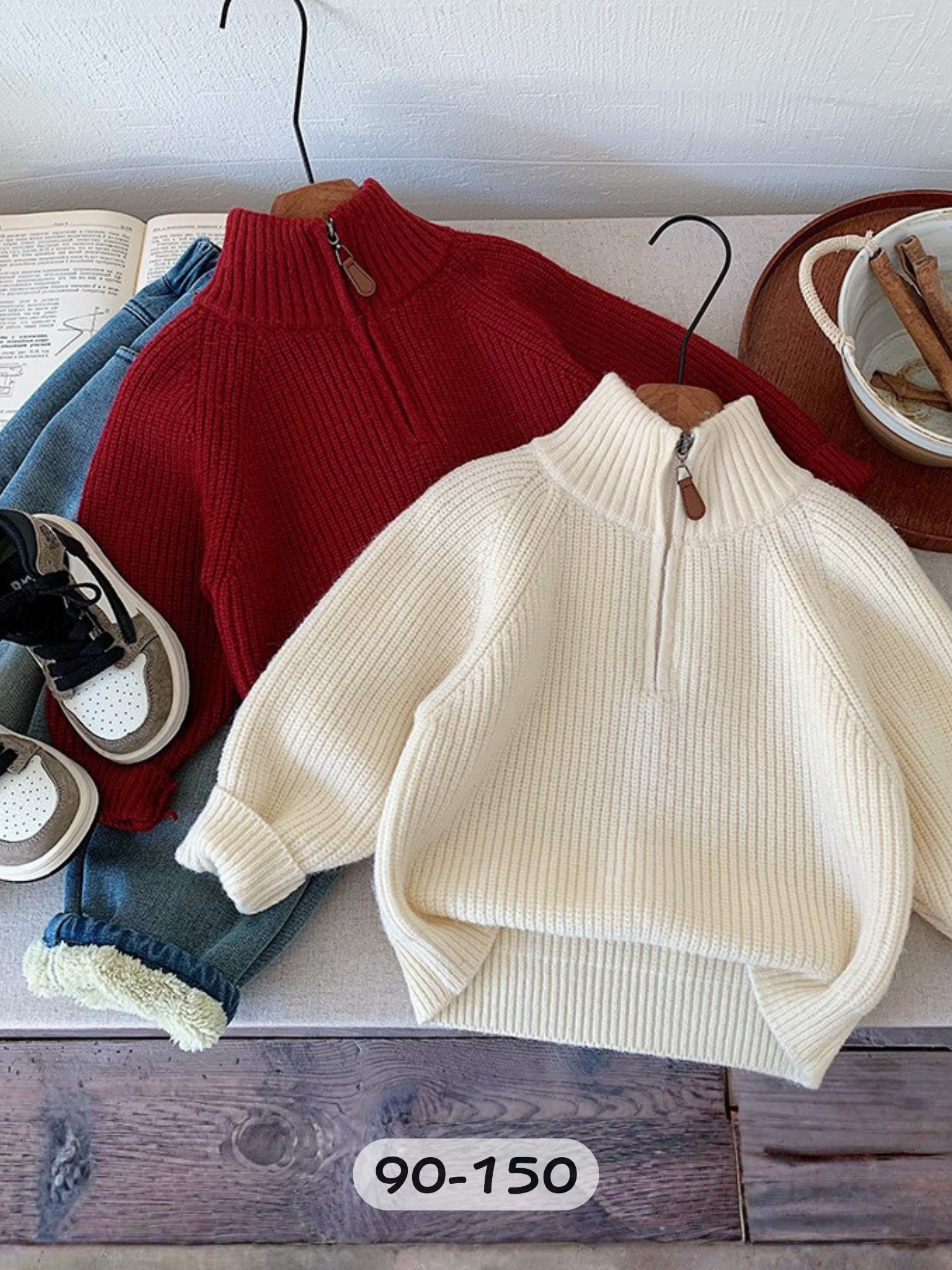 暖白紅辦拉鍊 長袖針織上衣