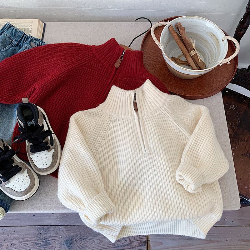 暖白紅辦拉鍊 長袖針織上衣