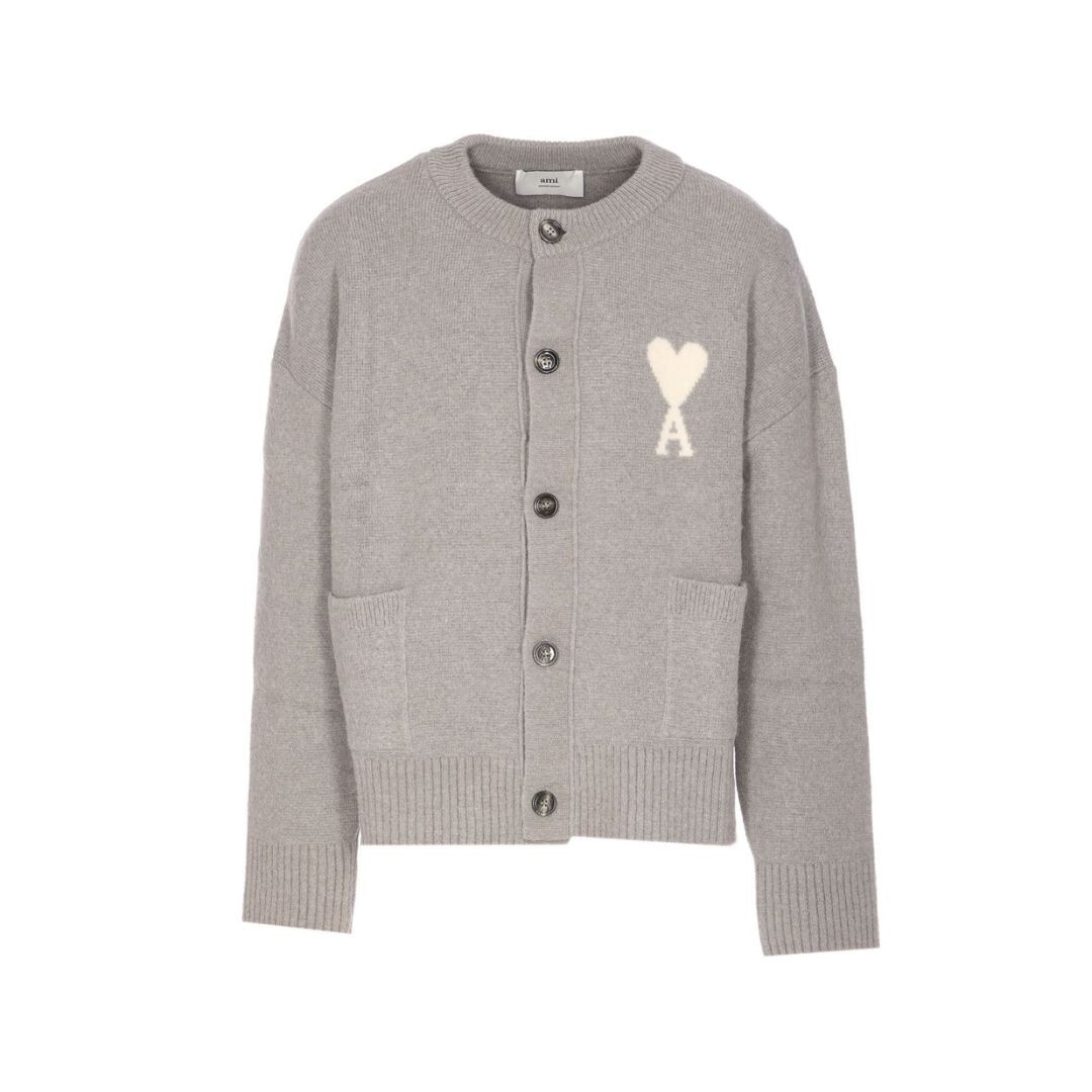 1LN1007-065 AMI Wool Ami De Coeur Cardigan Grey #UKC366-KN0135-058 (C-BR-E)