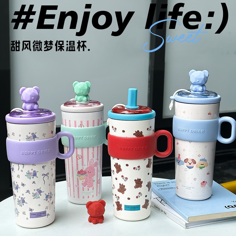 630ML Cute Teddy Bear Straw 316 Stainless Steel Thermal Bottle