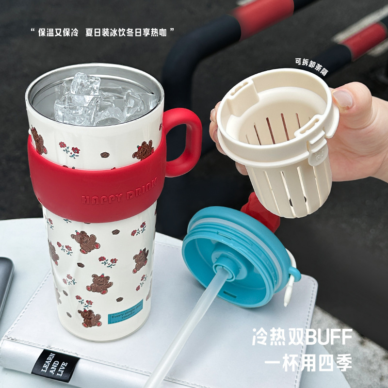 630ML Cute Teddy Bear Straw 316 Stainless Steel Thermal Bottle