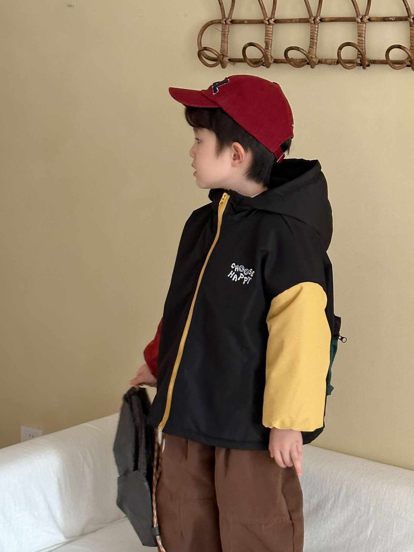 撞色開心元素 連帽加絨外套