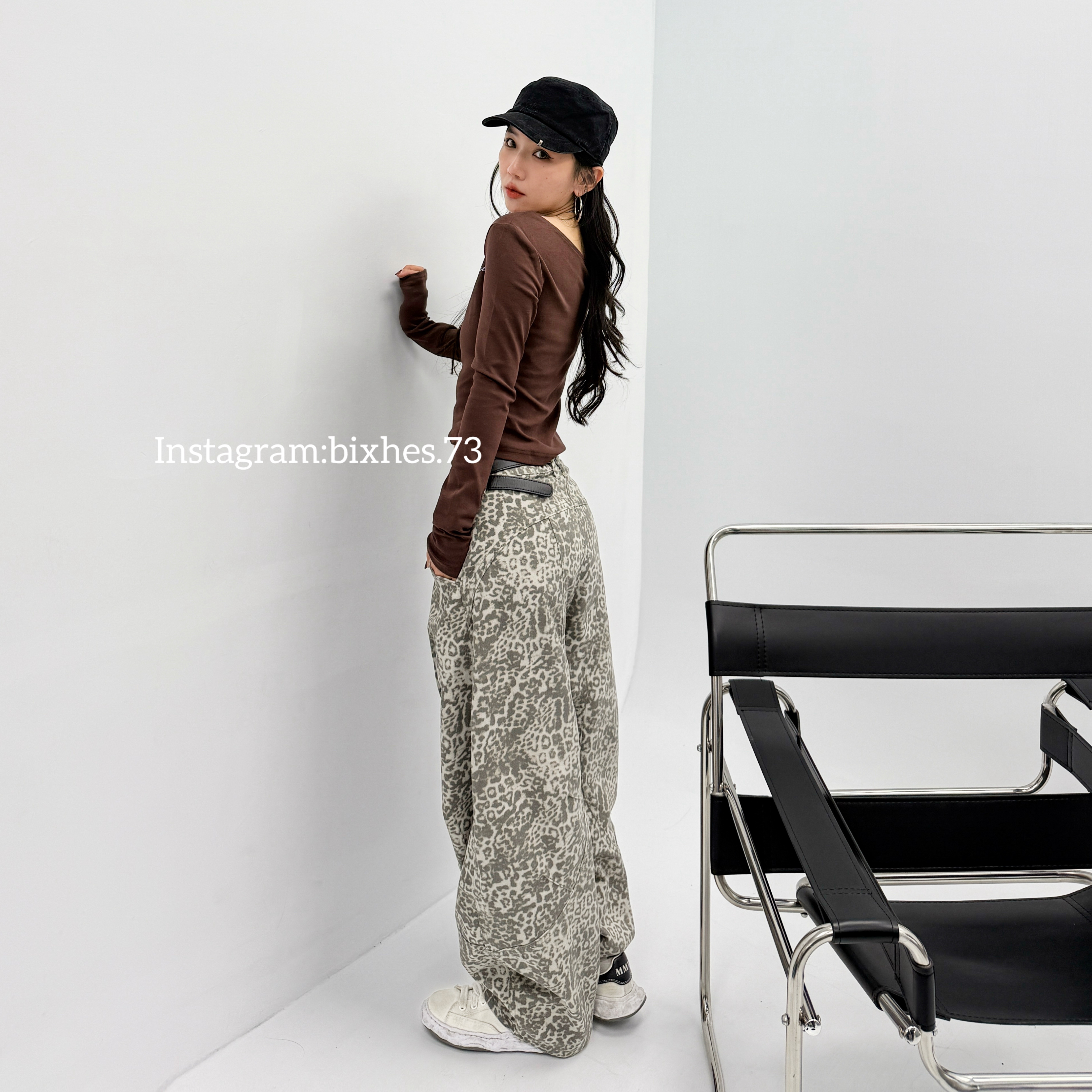 豹紋拼接寬版彎刀褲(E00038)