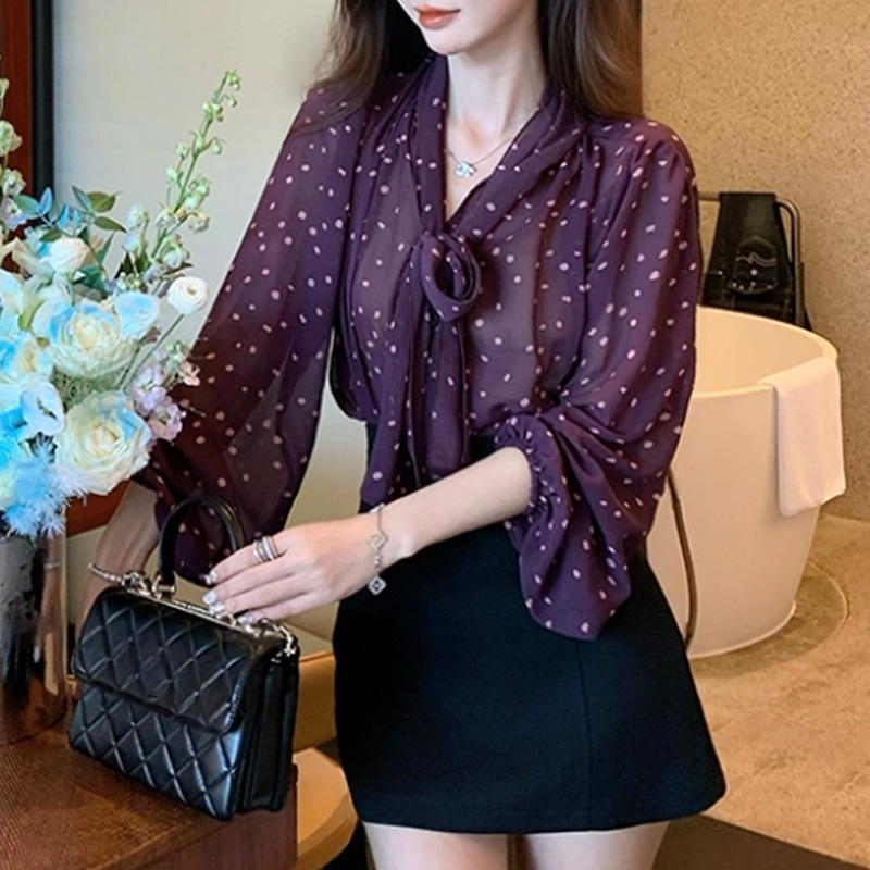 深紫波點雪紡襯衫