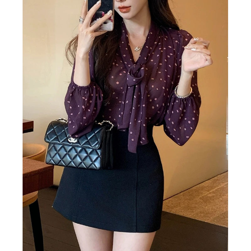 深紫波點雪紡襯衫