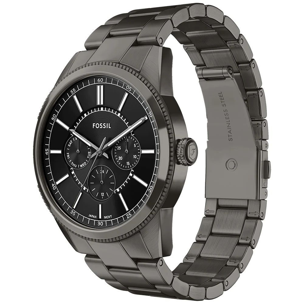 萬年鐘錶 - Fossil 極簡時尚全黑三眼不鏽鋼錶帶男錶 FS6136 錶徑42MM