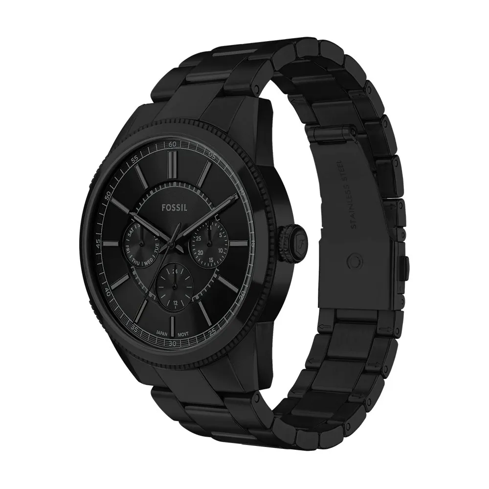 萬年鐘錶 - Fossil 極簡時尚全黑三眼不鏽鋼錶帶男錶 FS6135 錶徑42MM