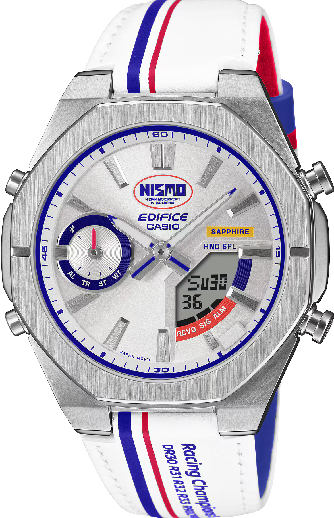 萬年鐘錶 - CASIO 卡西歐 EDIFICE 系列   限量Nissan和NISMO 冠軍賽車方智慧藍芽雙顯男錶 ECB-S10NIS-7A 錶徑 : 43MM