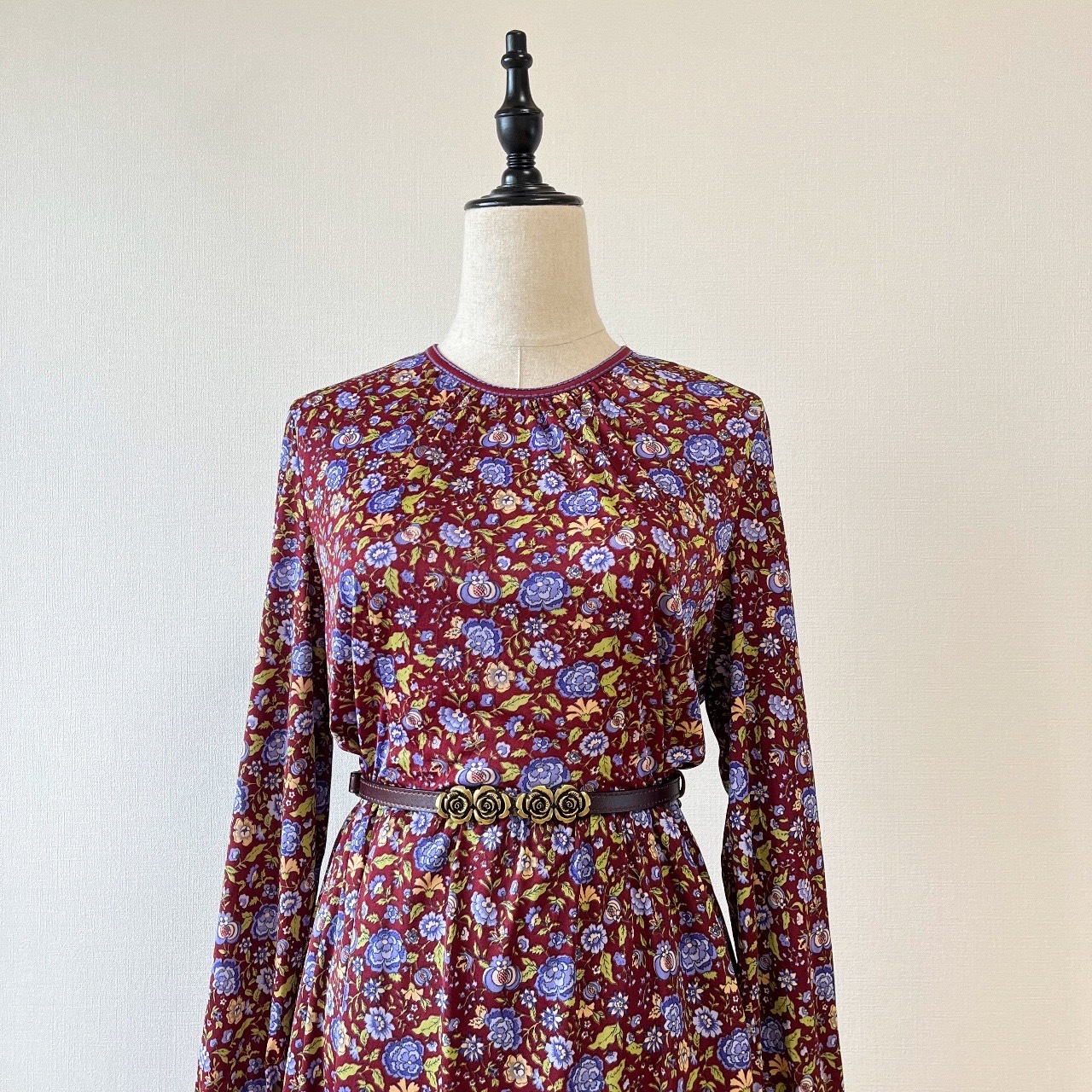 酒紅色波希米亞風花卉小紋印花連身裙