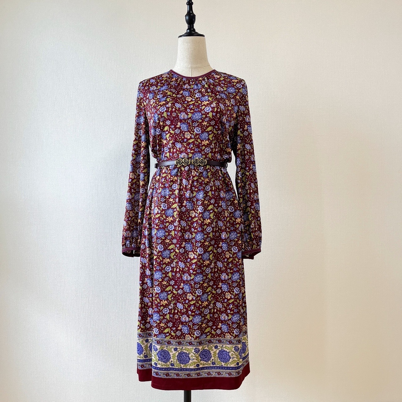 酒紅色波希米亞風花卉小紋印花連身裙