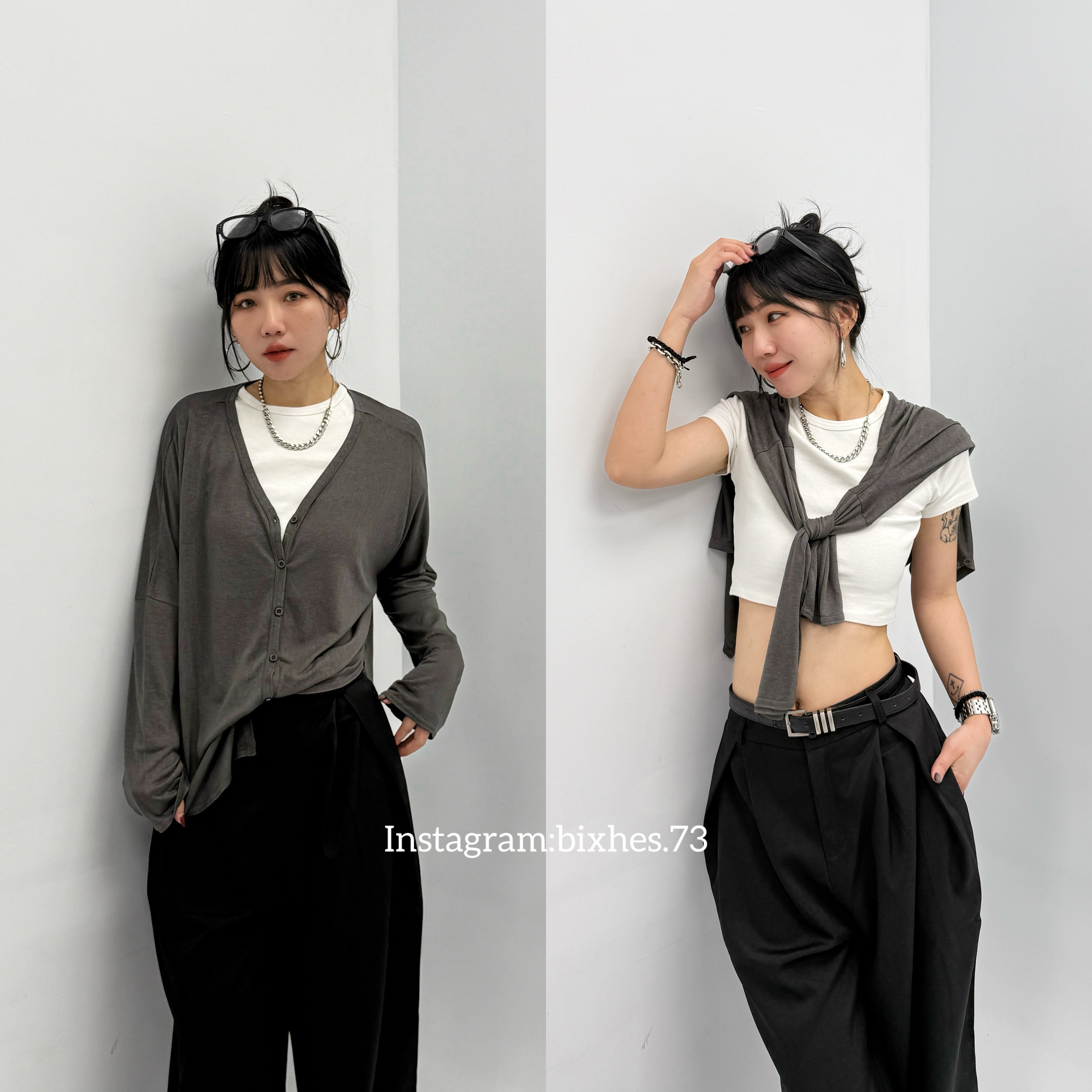 V領排扣罩衫長T(B00012)