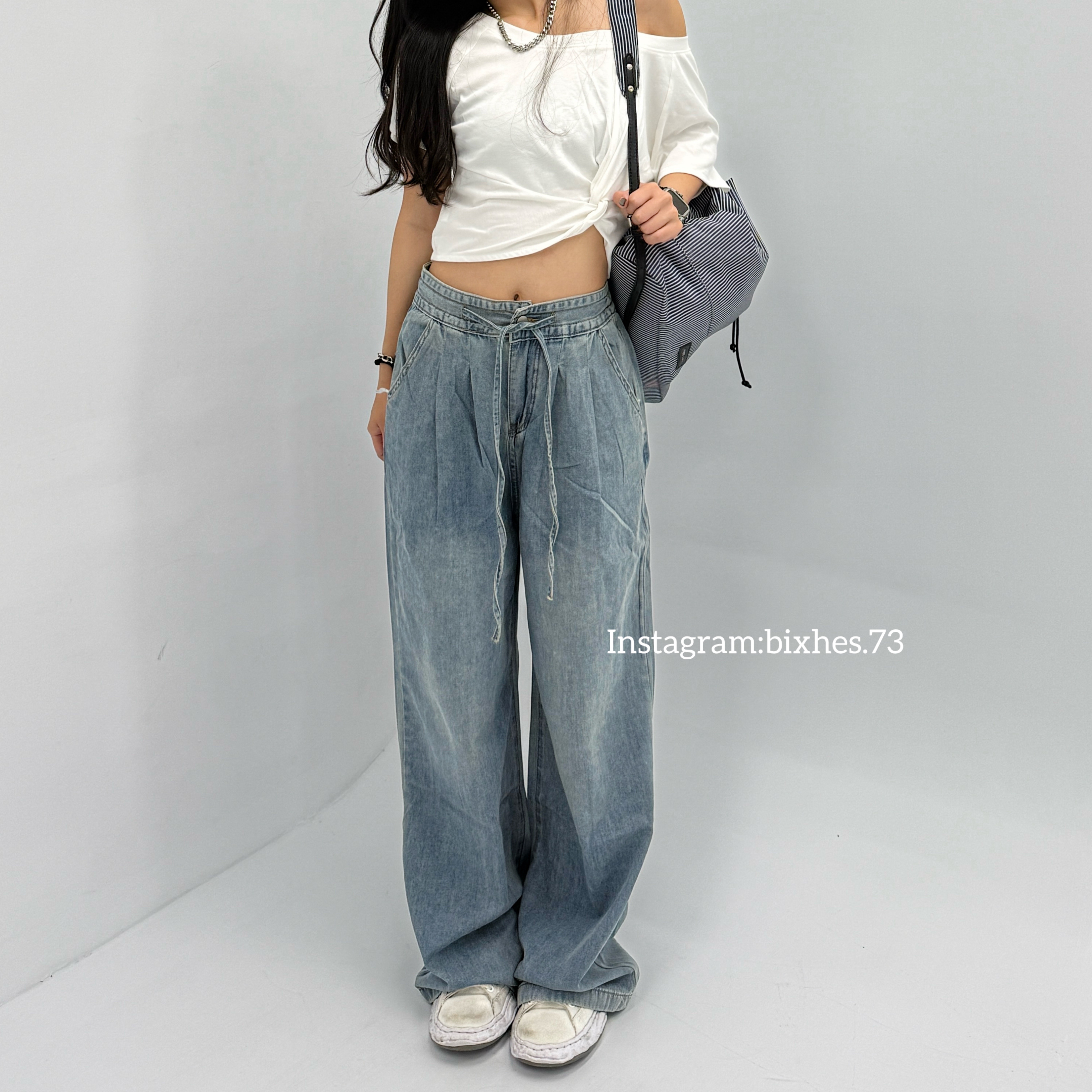 慵懶抽繩闊腿牛仔褲(E00036)