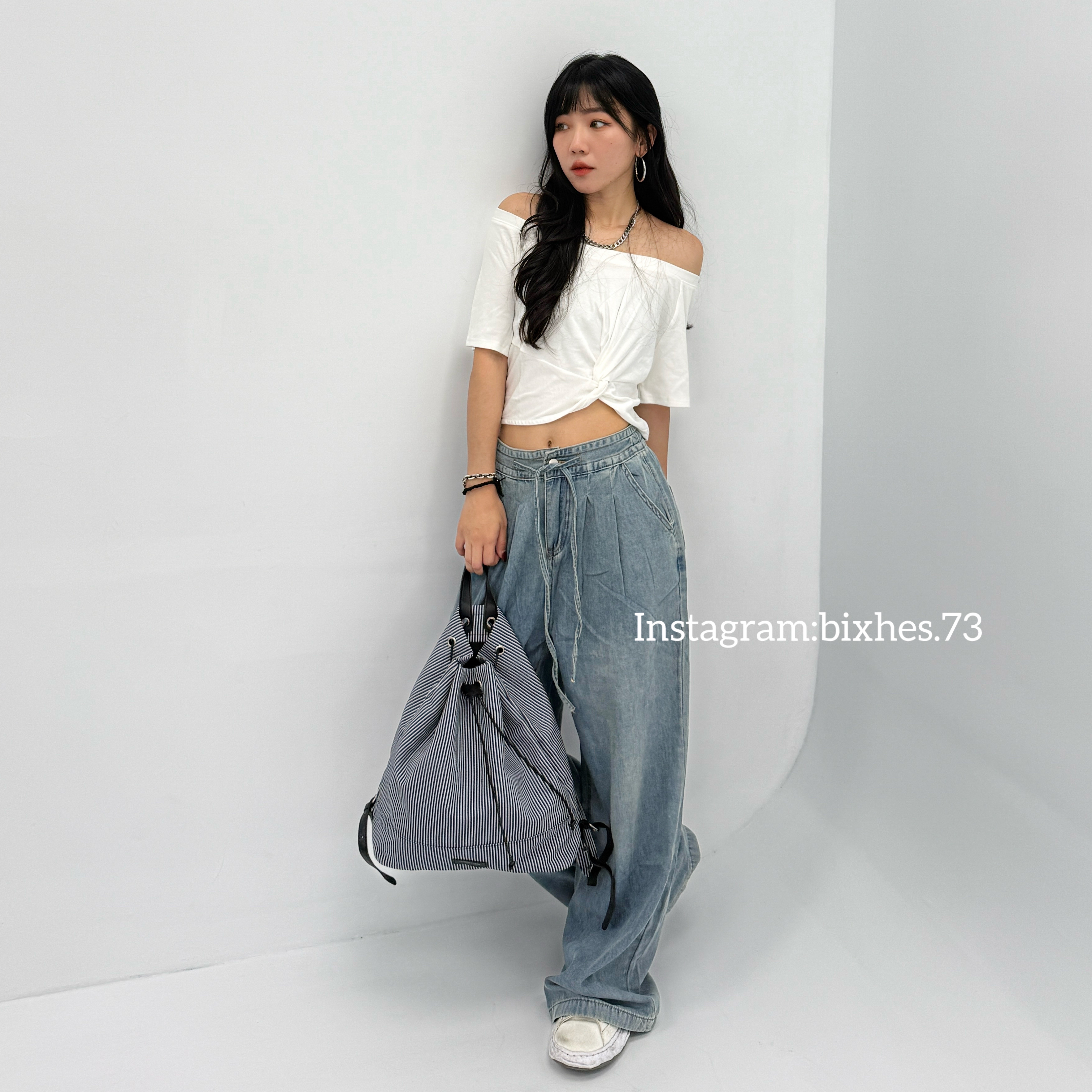 牛仔條紋抽繩雙肩包(M00053)