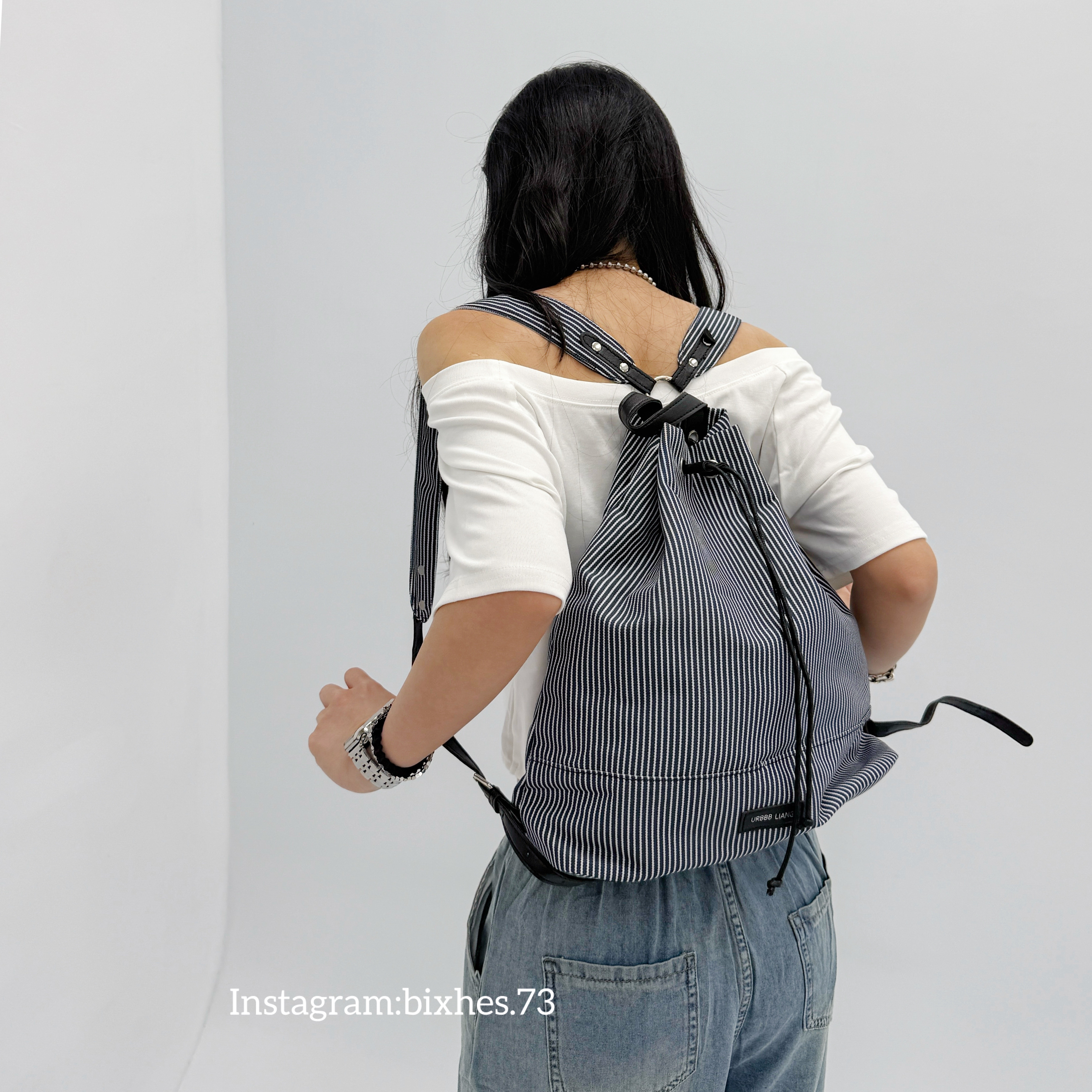 牛仔條紋抽繩雙肩包(M00053)