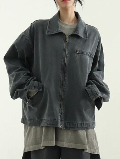 洗水淨色反領拉鍊外套 Hestory-096JK