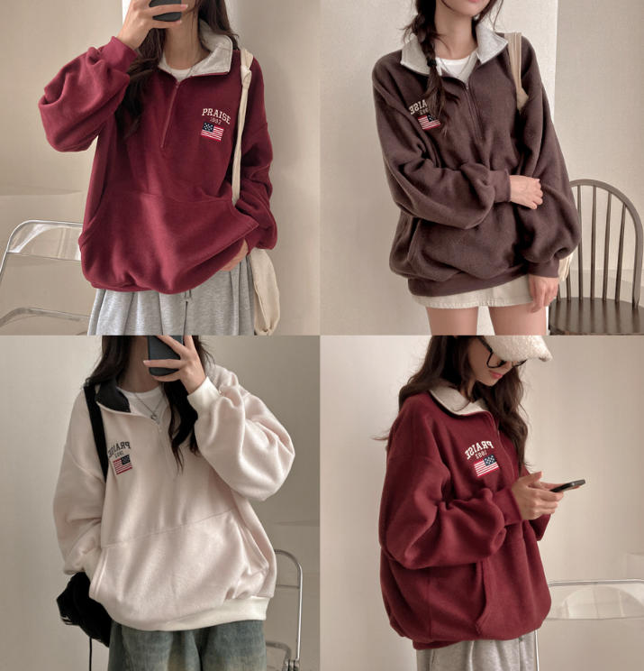 早秋預訂｜刺繡拼色領羊毛寬鬆半拉鍊衛衣