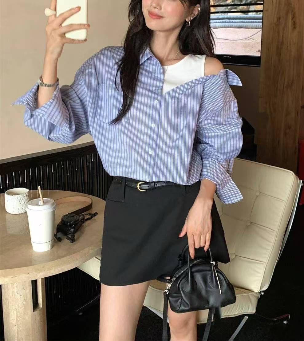 假兩件跌膊背心恤衫(藍色直條)