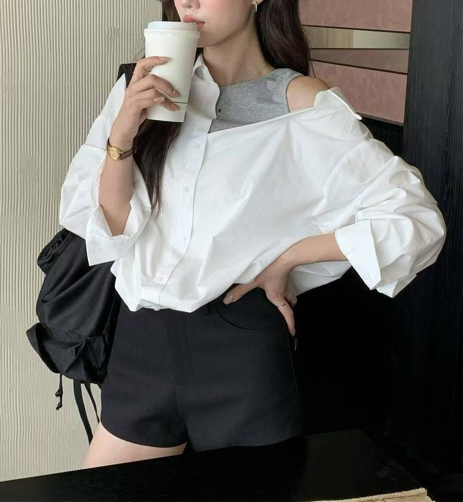 假兩件跌膊背心恤衫(白色)