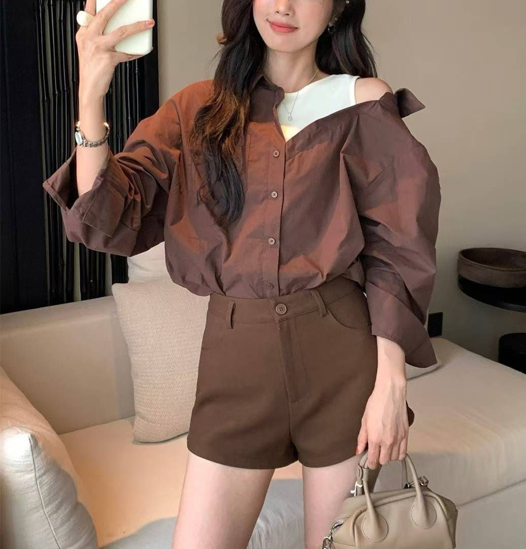 假兩件跌膊背心恤衫(啡色)