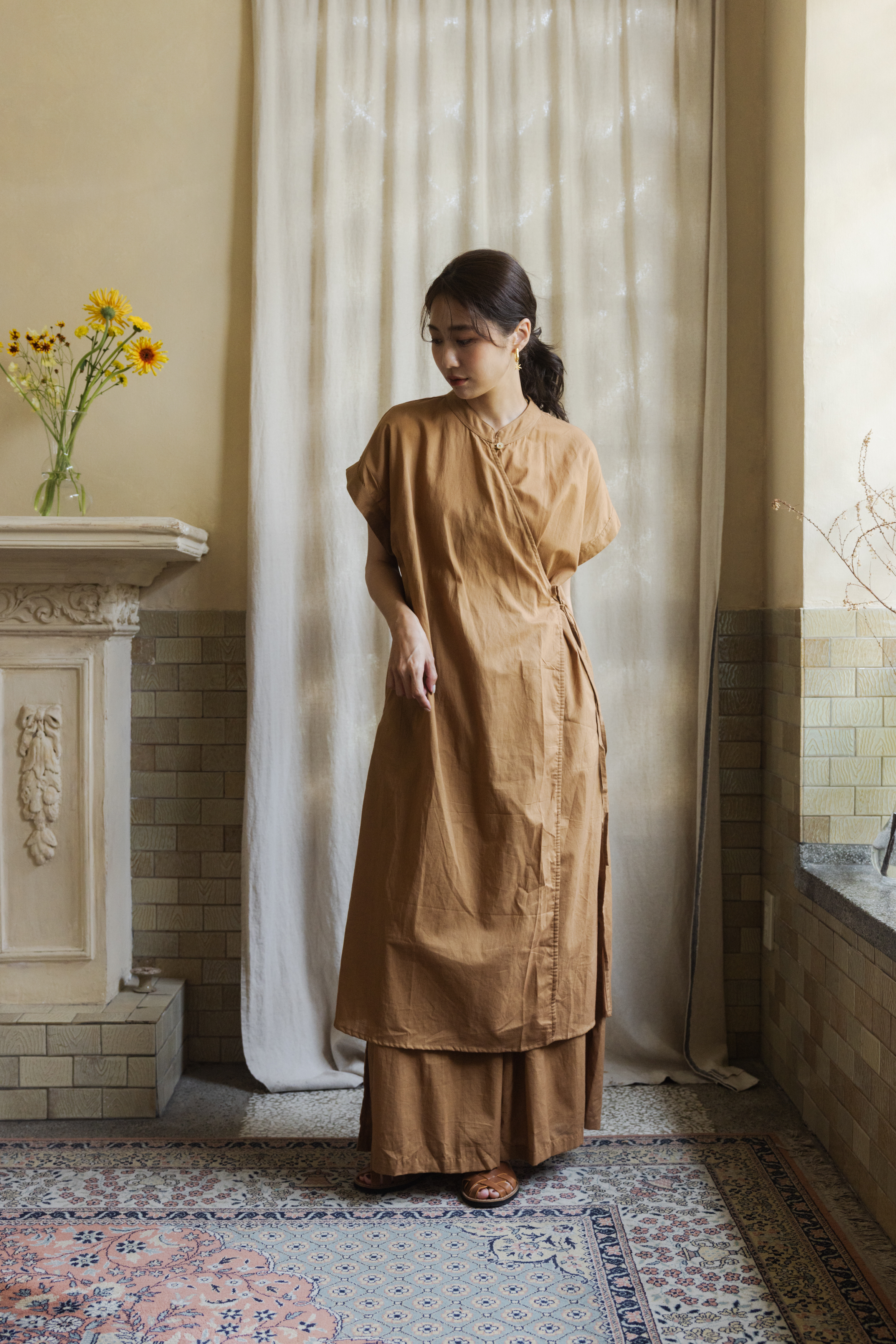 短袖開襟長褲塔_咖黃