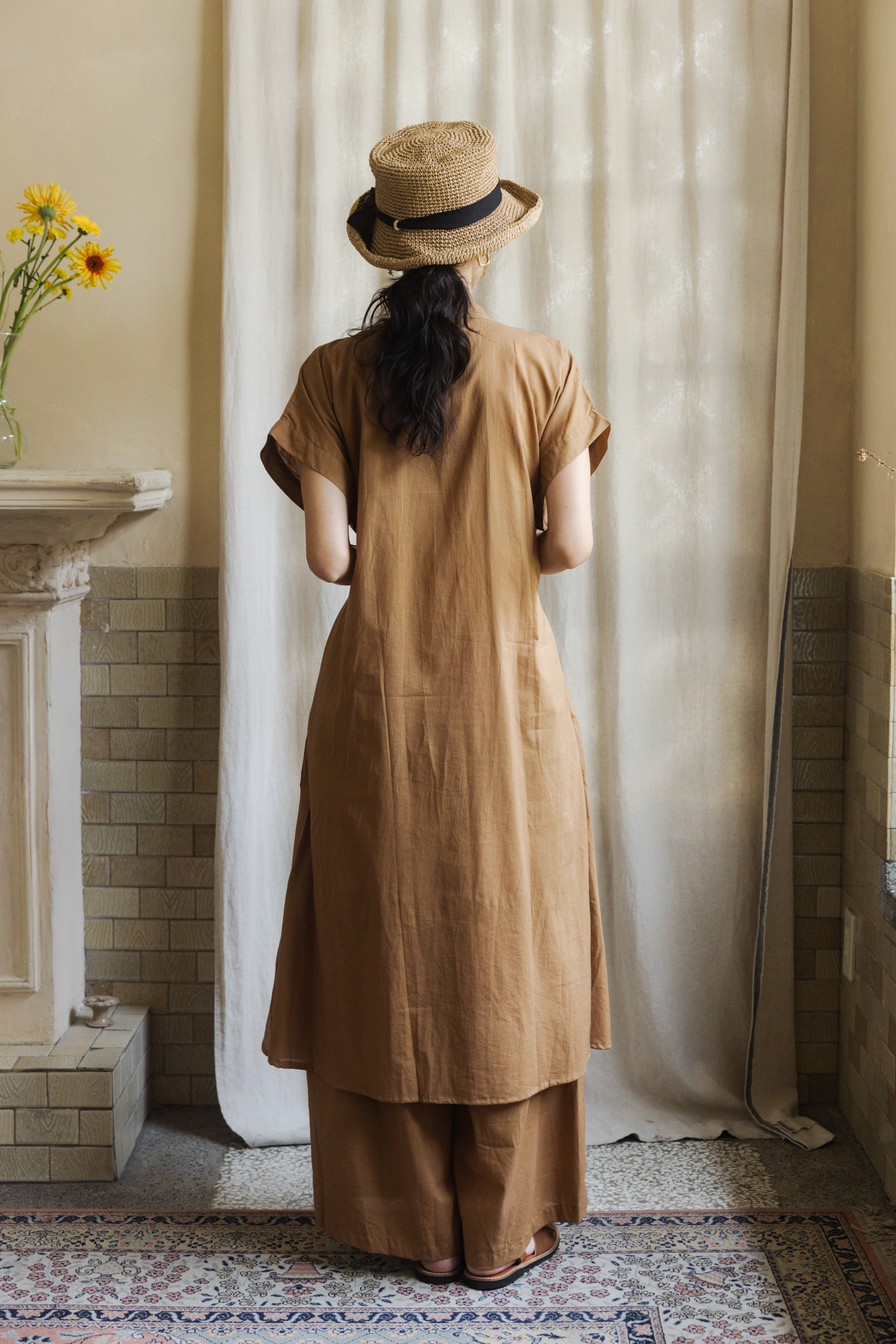 短袖開襟長褲塔_咖黃