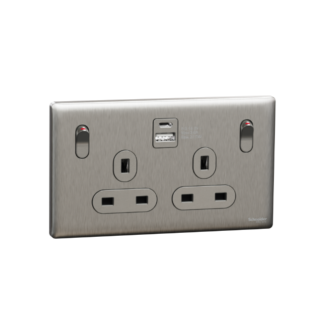 UNICA X 13A兩位連保護門有制雙極插座連兩位USB充電器插座TypeA+C