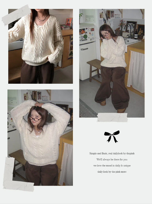 早秋預訂｜寬鬆V領厚實麻花針織上衣