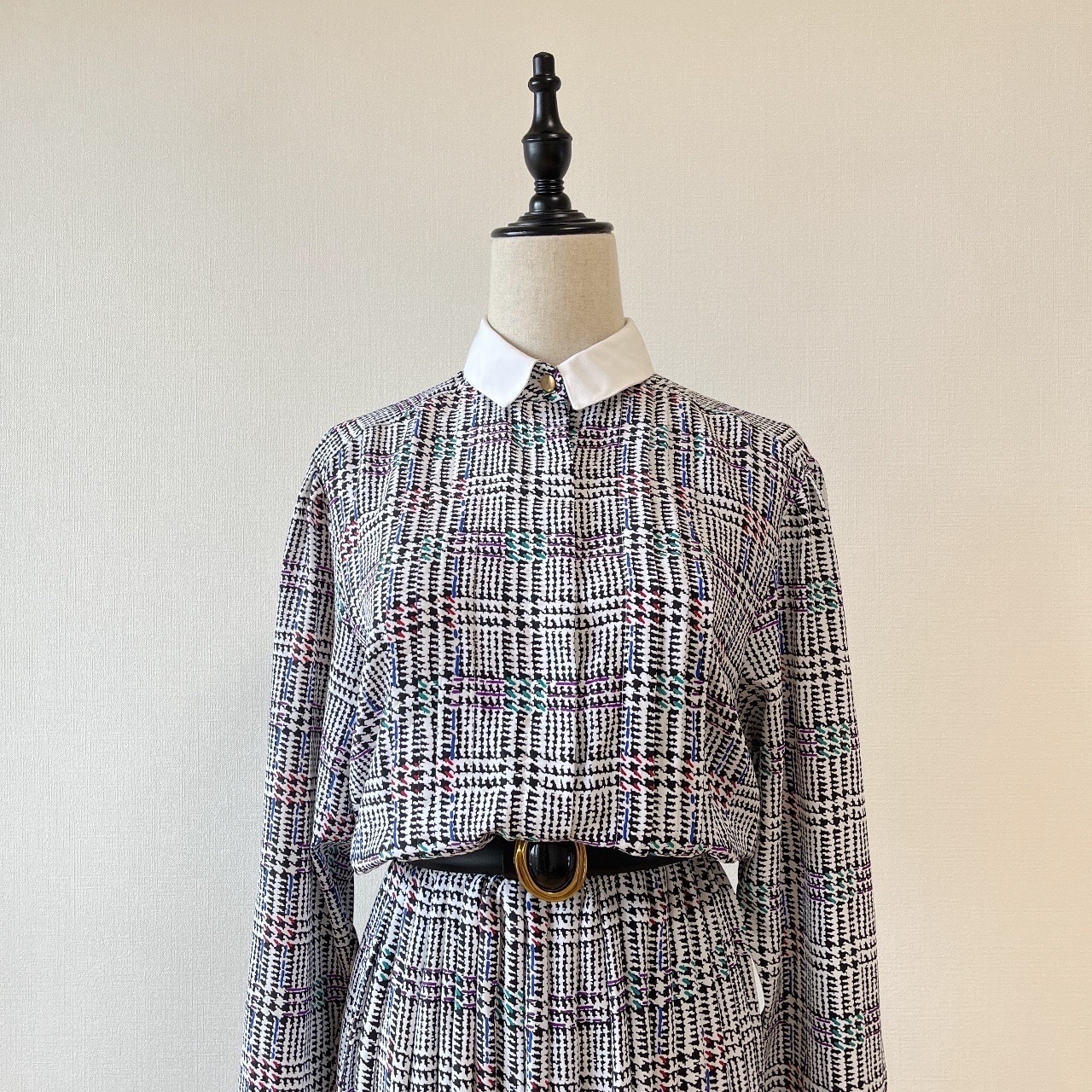 美國製電視雪花感千鳥格長袖連身裙