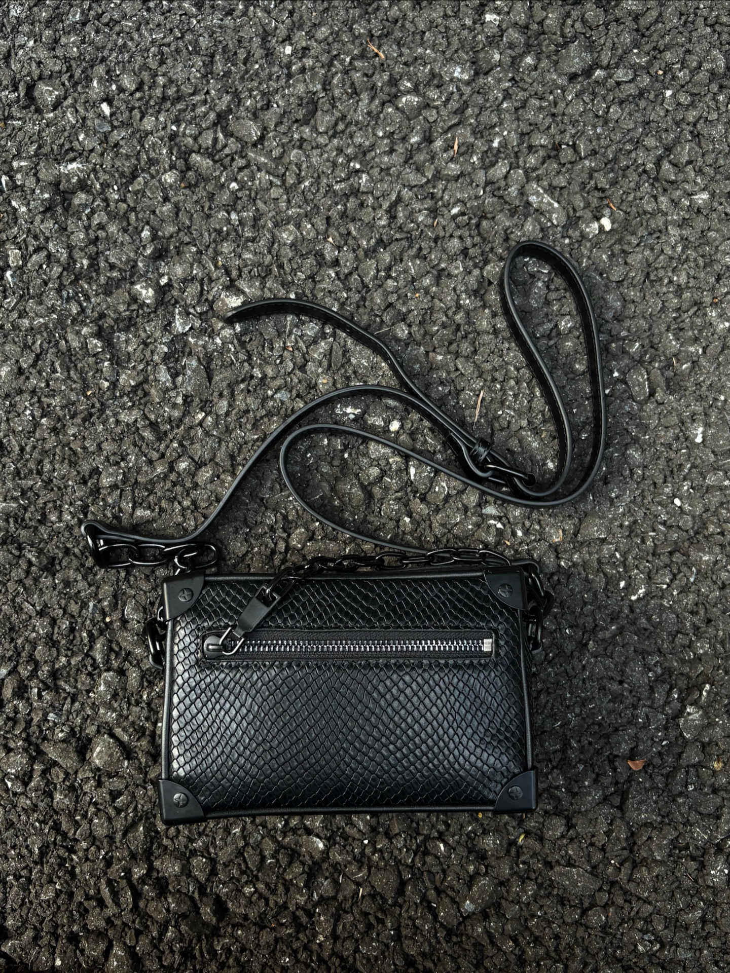 代購-<1000元左右交換禮物>小眾品牌 蛇紋 金屬鏈條 小眾高級感 盒子包 斜肩包 黑色