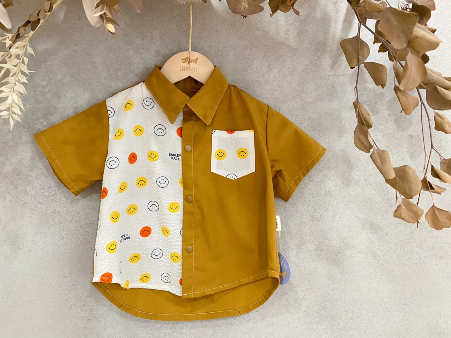 白色微笑泡泡布 拼接短袖襯衫（90）