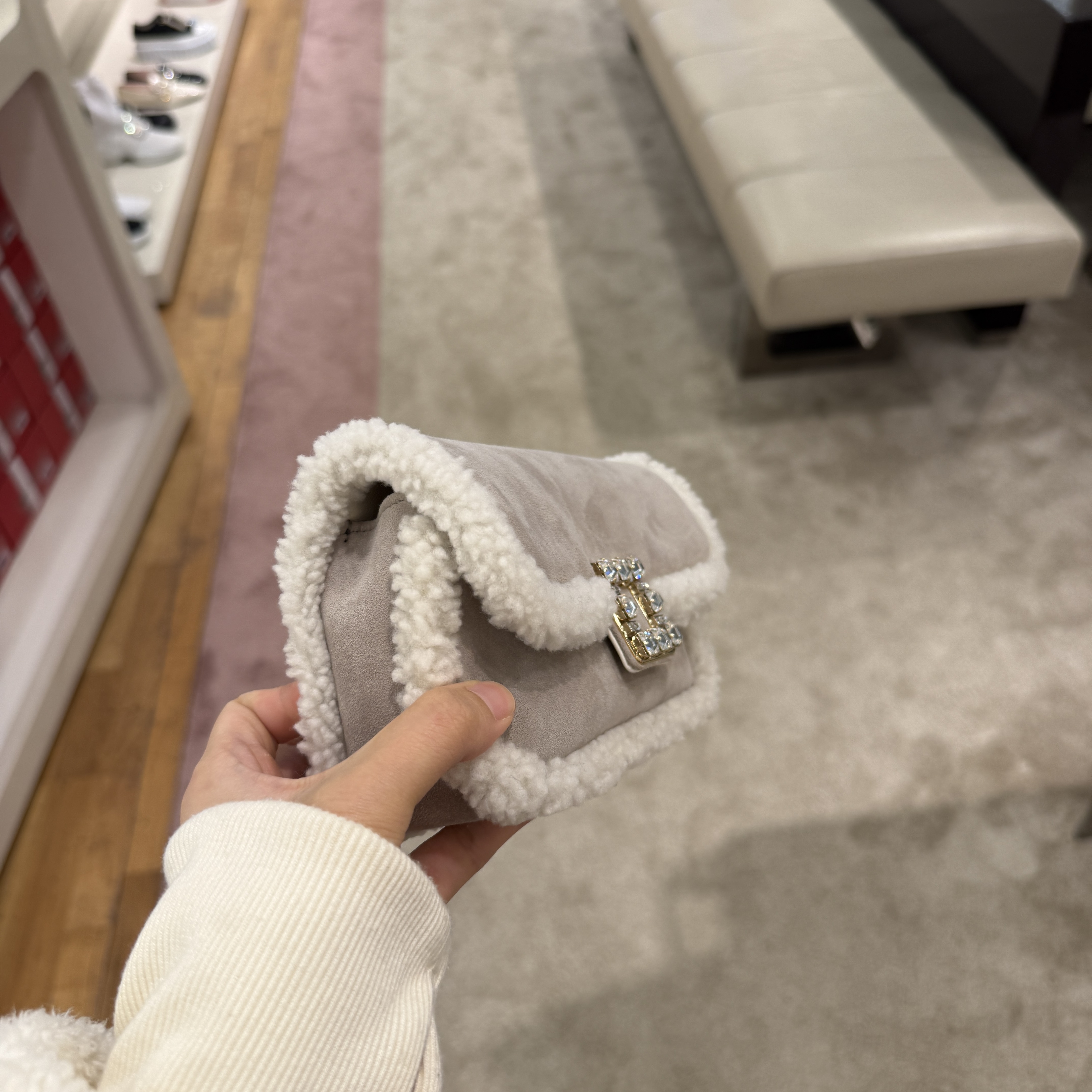 Roger Vivier RV Jeu de Fille Viv' Shearling Strass Buckle Clutch Bag in Suede Beige