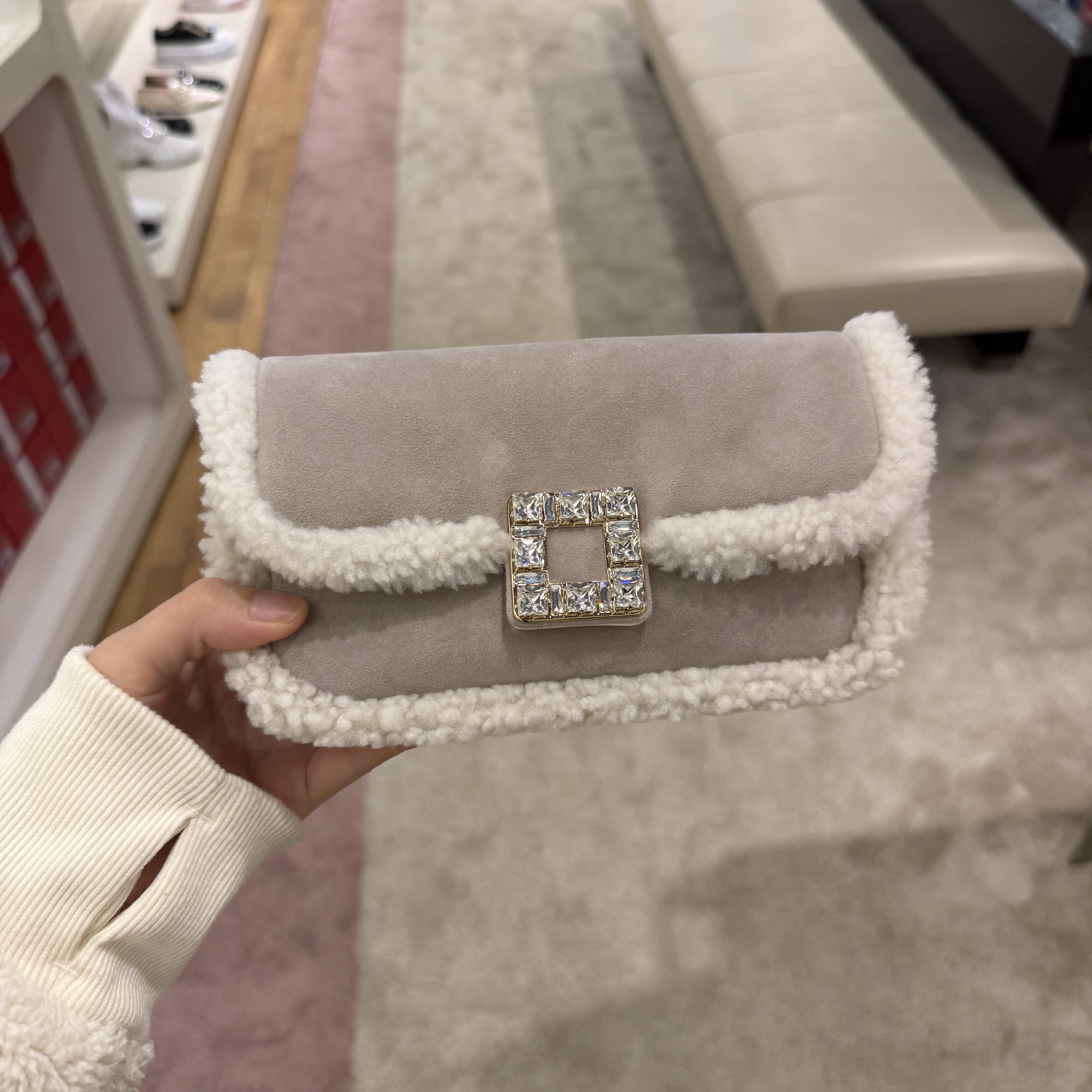 Roger Vivier RV Jeu de Fille Viv' Shearling Strass Buckle Clutch Bag in Suede Beige