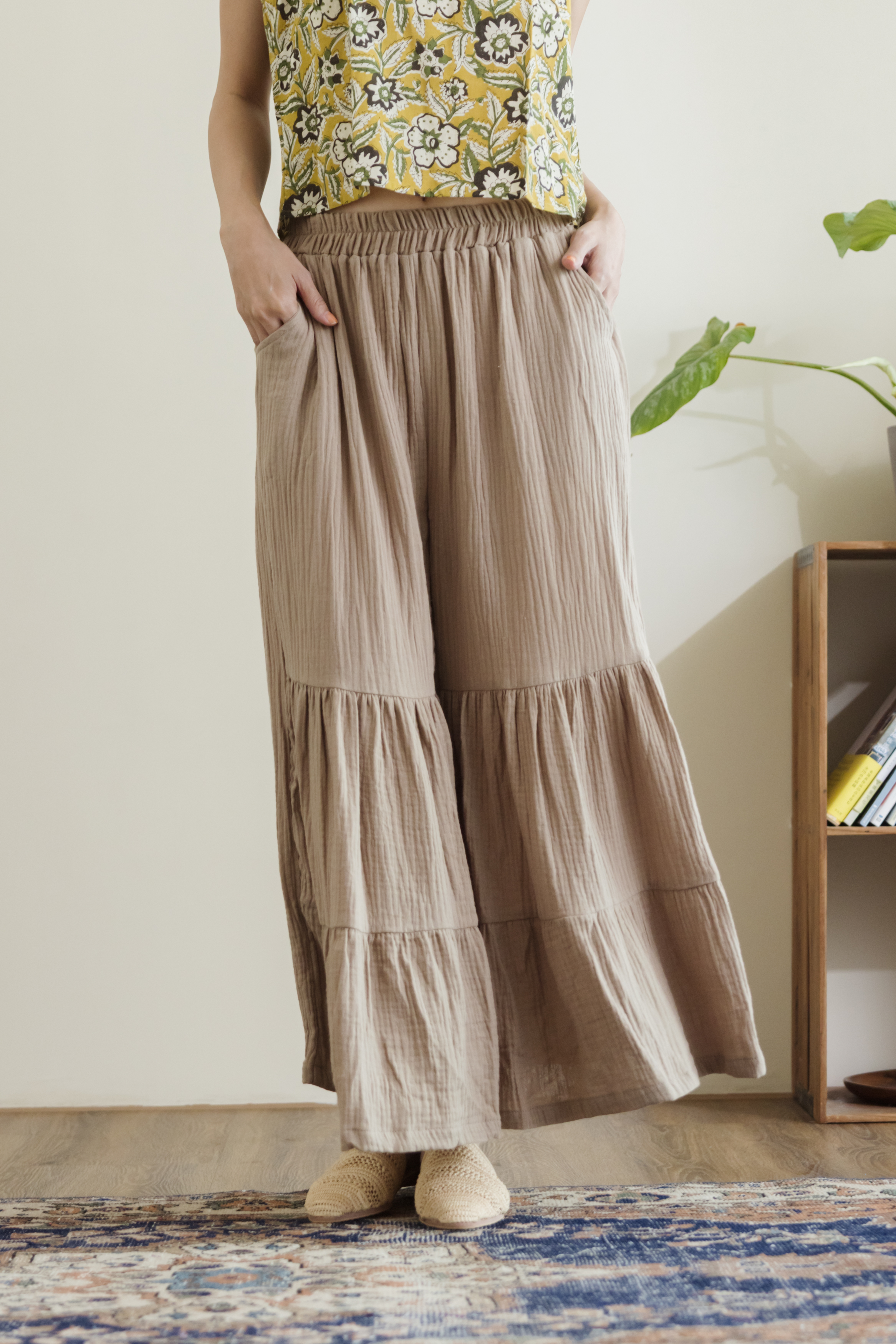 清邁純棉分層喇叭褲_沙色
