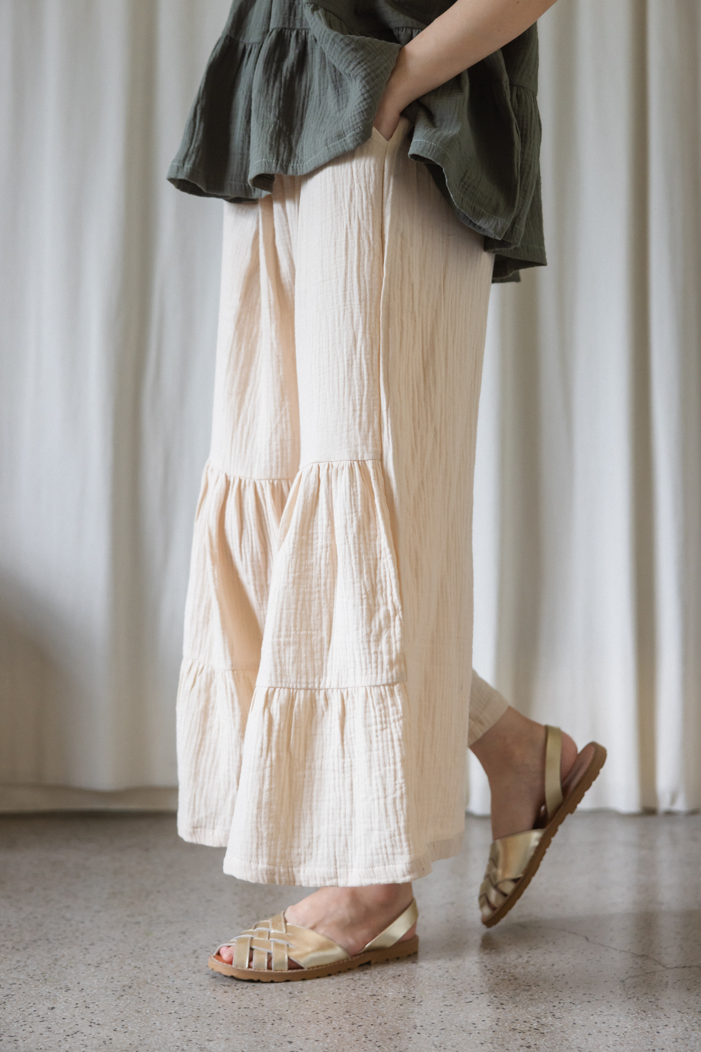 清邁純棉分層喇叭褲_米白