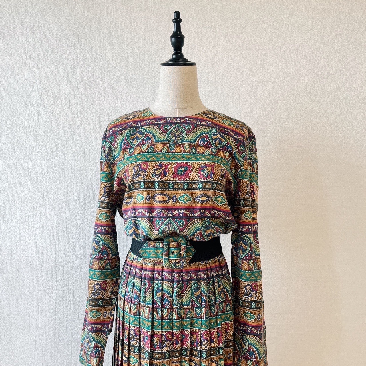 美國製孔雀色印度圖騰長袖連身裙