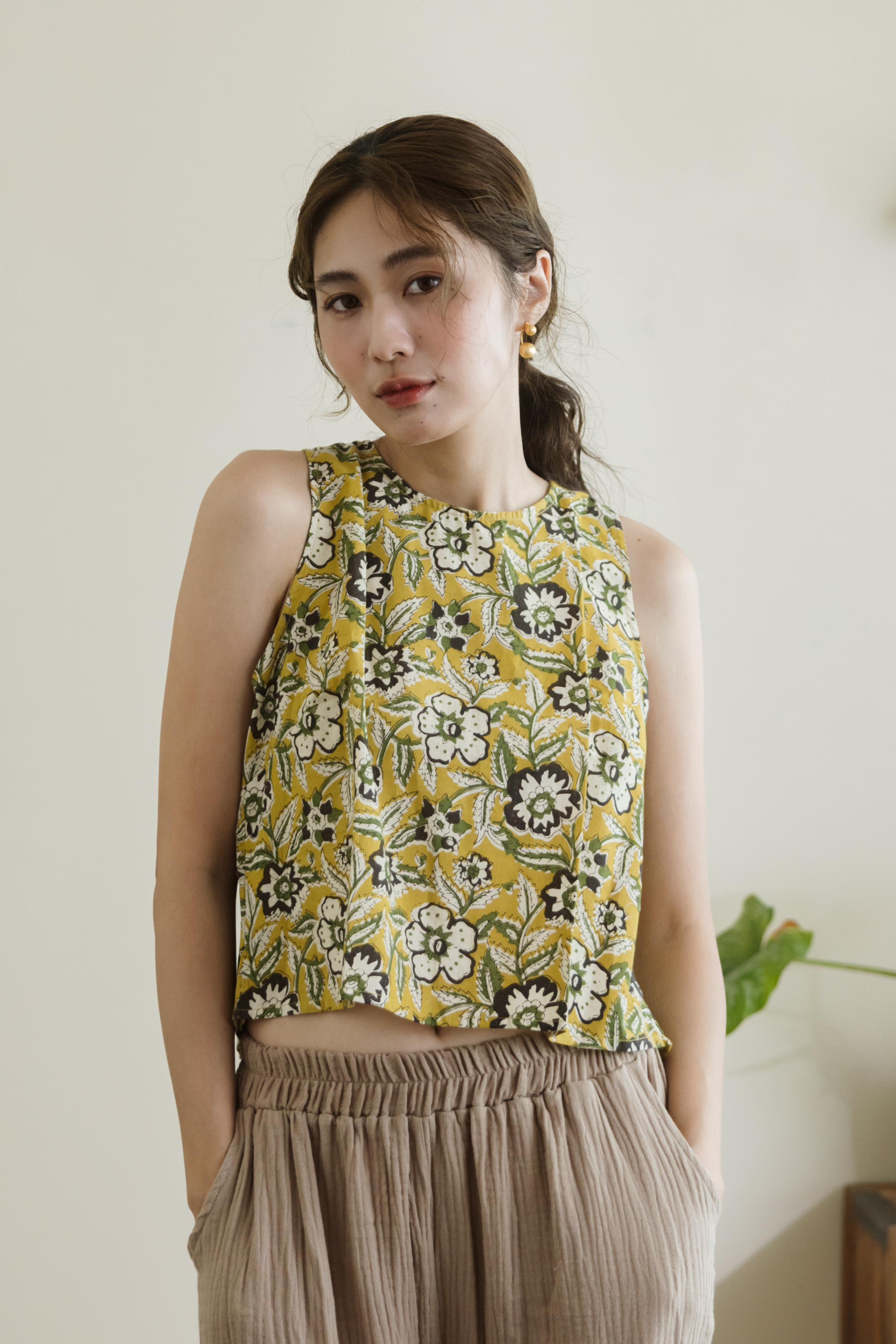 木刻印無袖上衣-黃花
