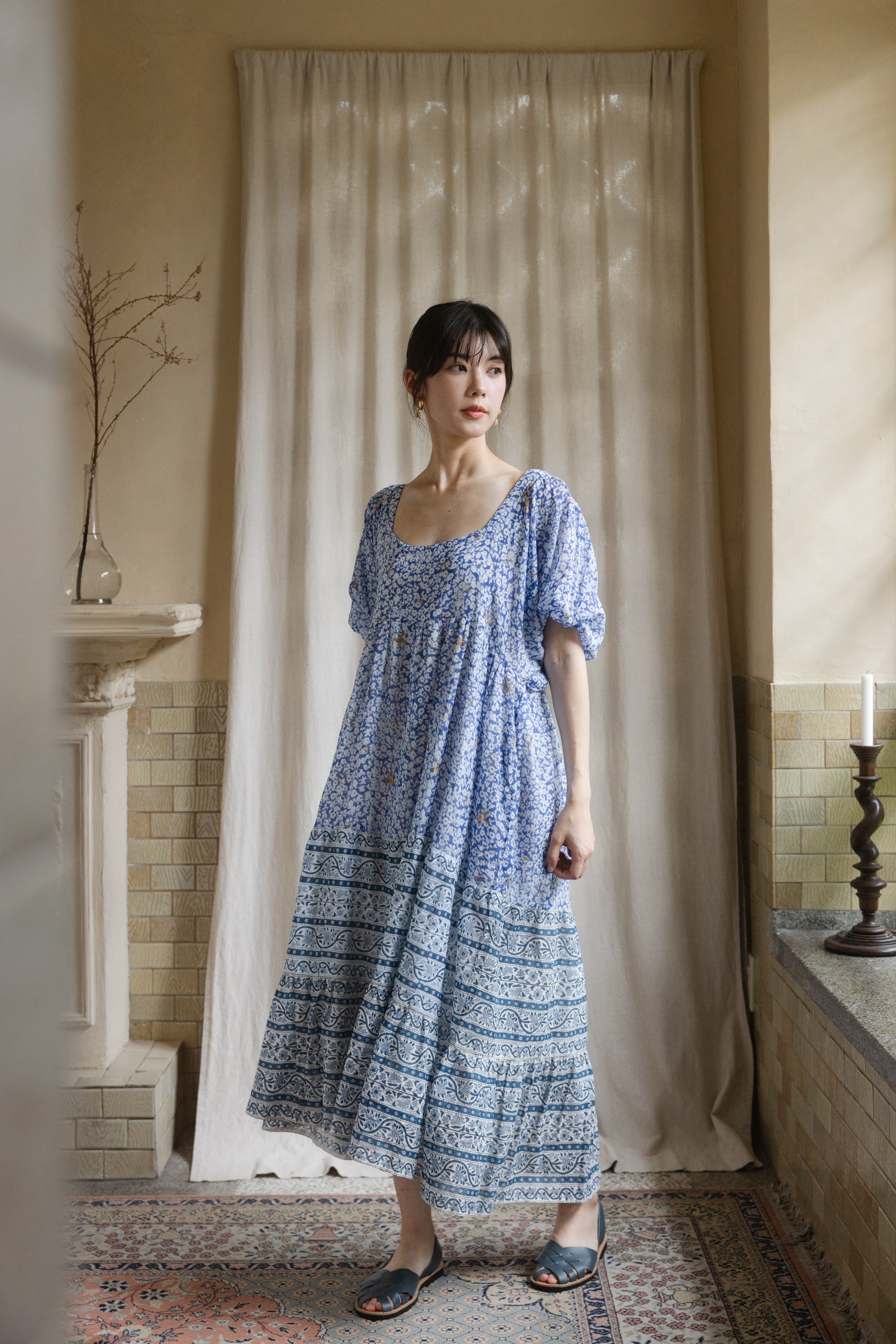 大u領短袖洋裝-水藍波紋