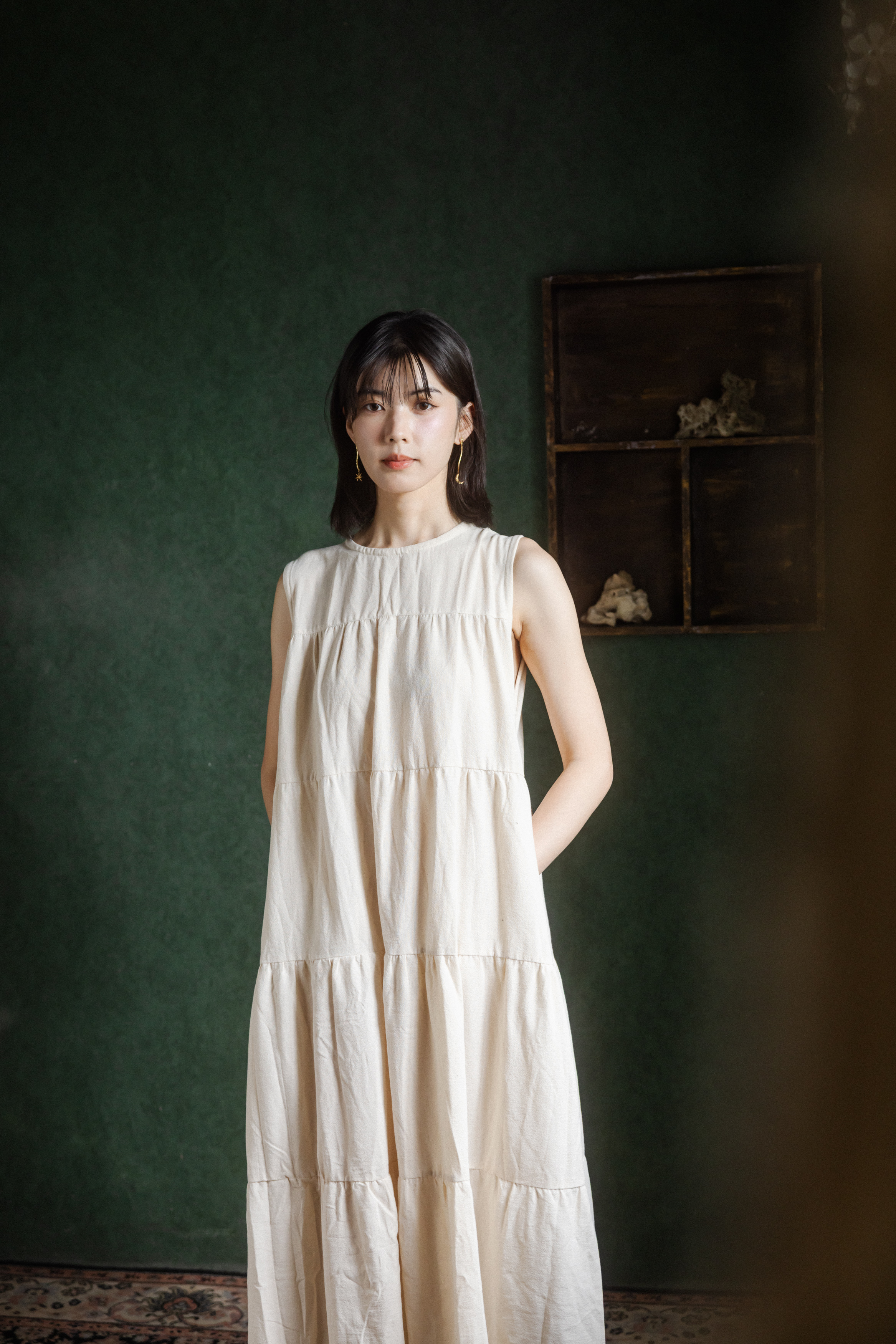 無袖純棉分層長洋裝_米白