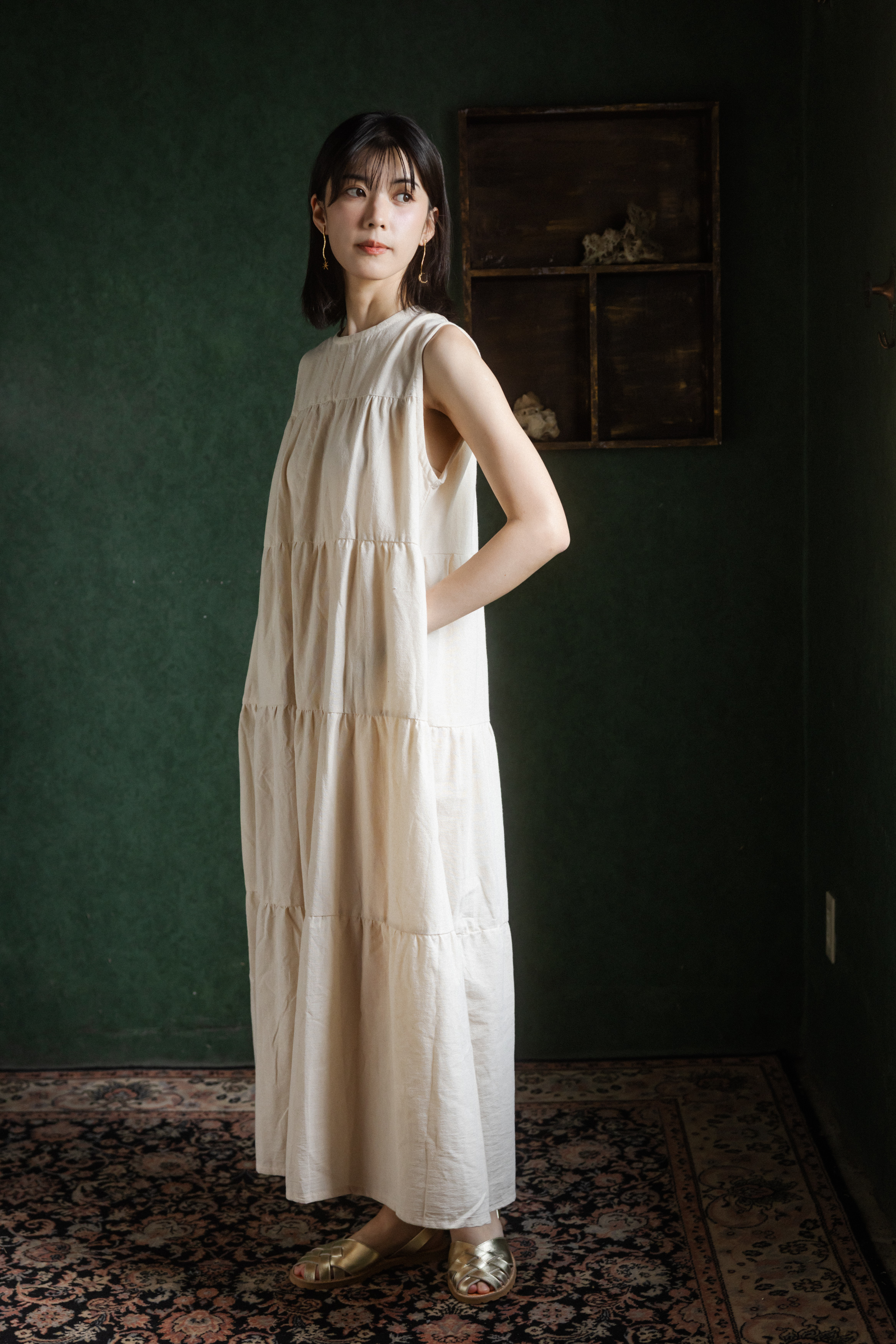 無袖純棉分層長洋裝_米白