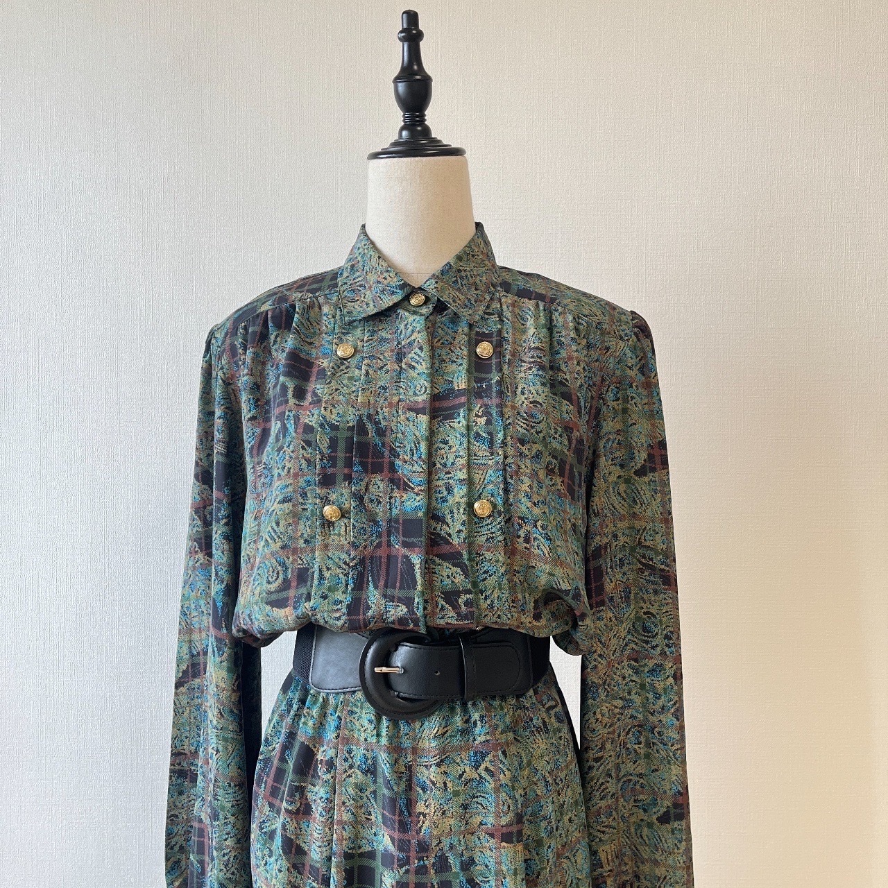 墨綠色孔雀羽毛格紋長袖連身裙