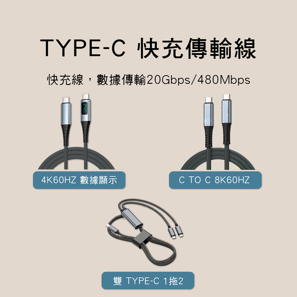 TYPE-C 快充線 20Gb 高速傳輸 4K60HZ 8K60HZ USB3.2Gen2×2