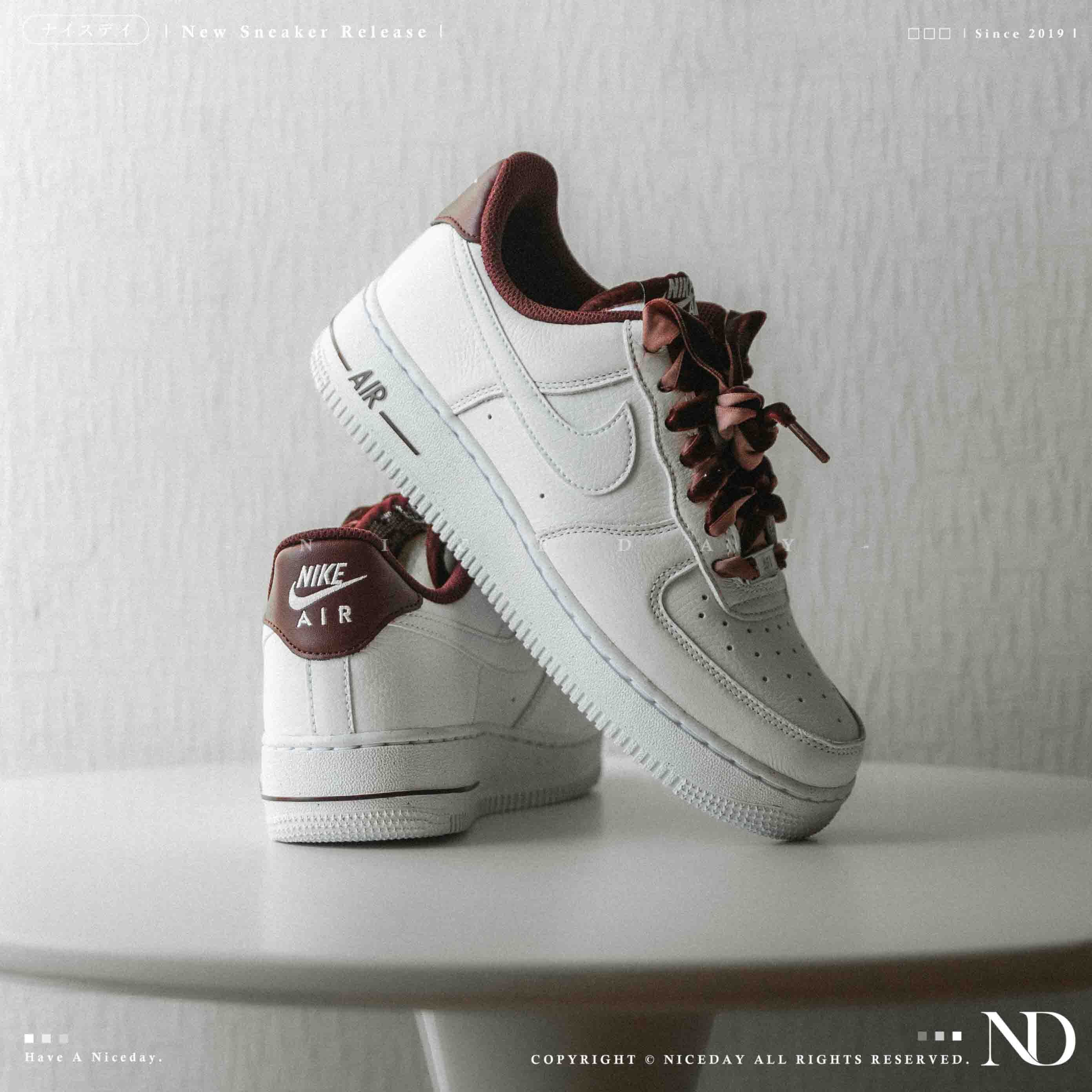 NICEDAY 現貨 Nike Air Force 1 '07 白 酒紅 復古 天鵝絨 鞋帶 經典 皮革 休閒鞋 HV4403-600