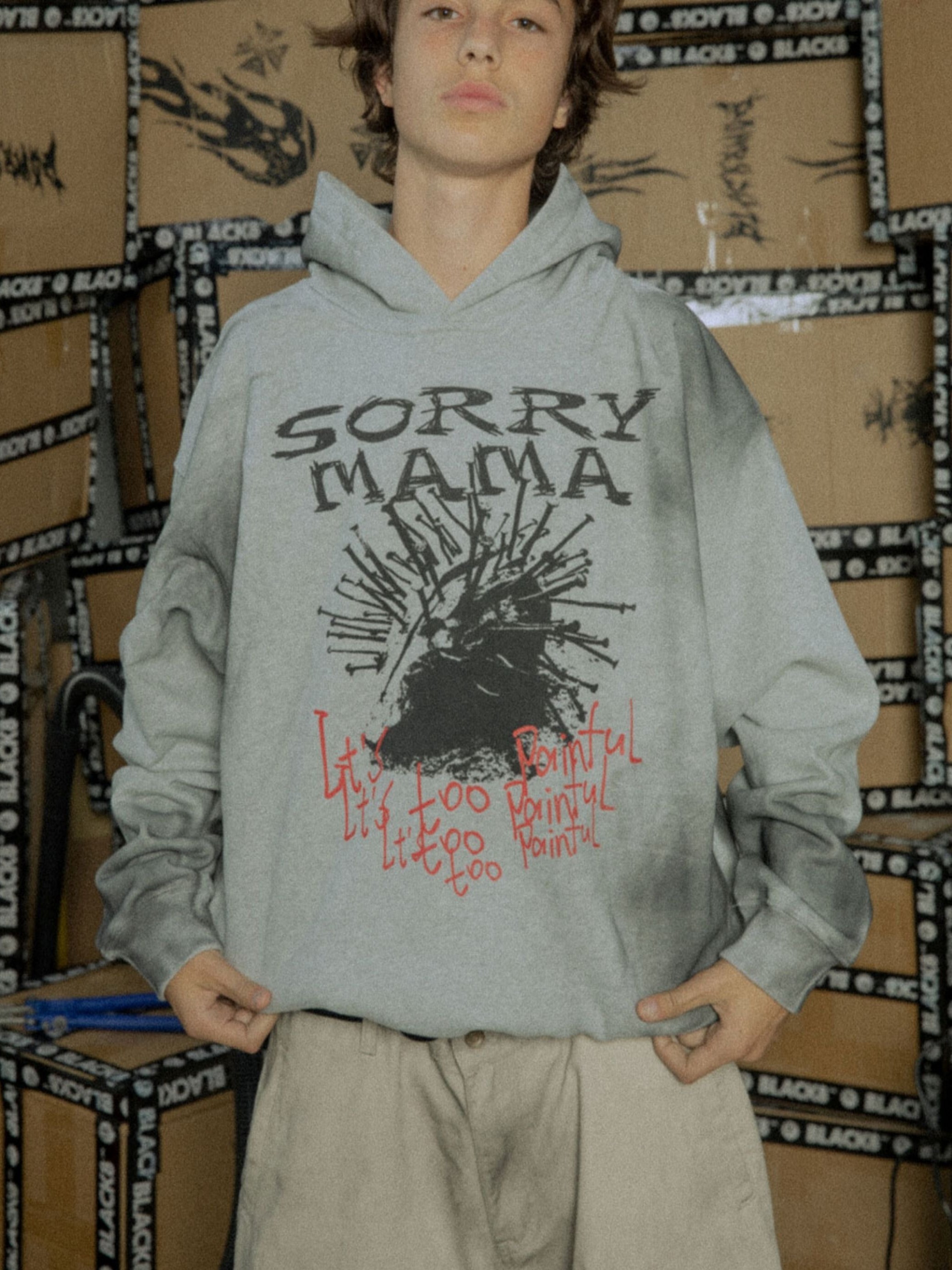 BLACK8MOB “sorrymama”印花 做舊髒染 帽T