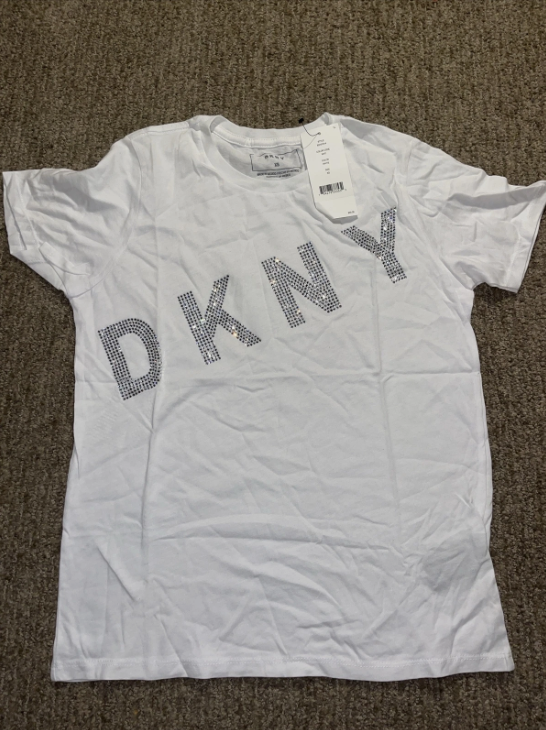 [S] DKNY DIAGONAL RHINESTONE LOGO SHORT SLEEVE T-SHIRT,WHITE, B2101914-WHT FINAL SALE (SD288)