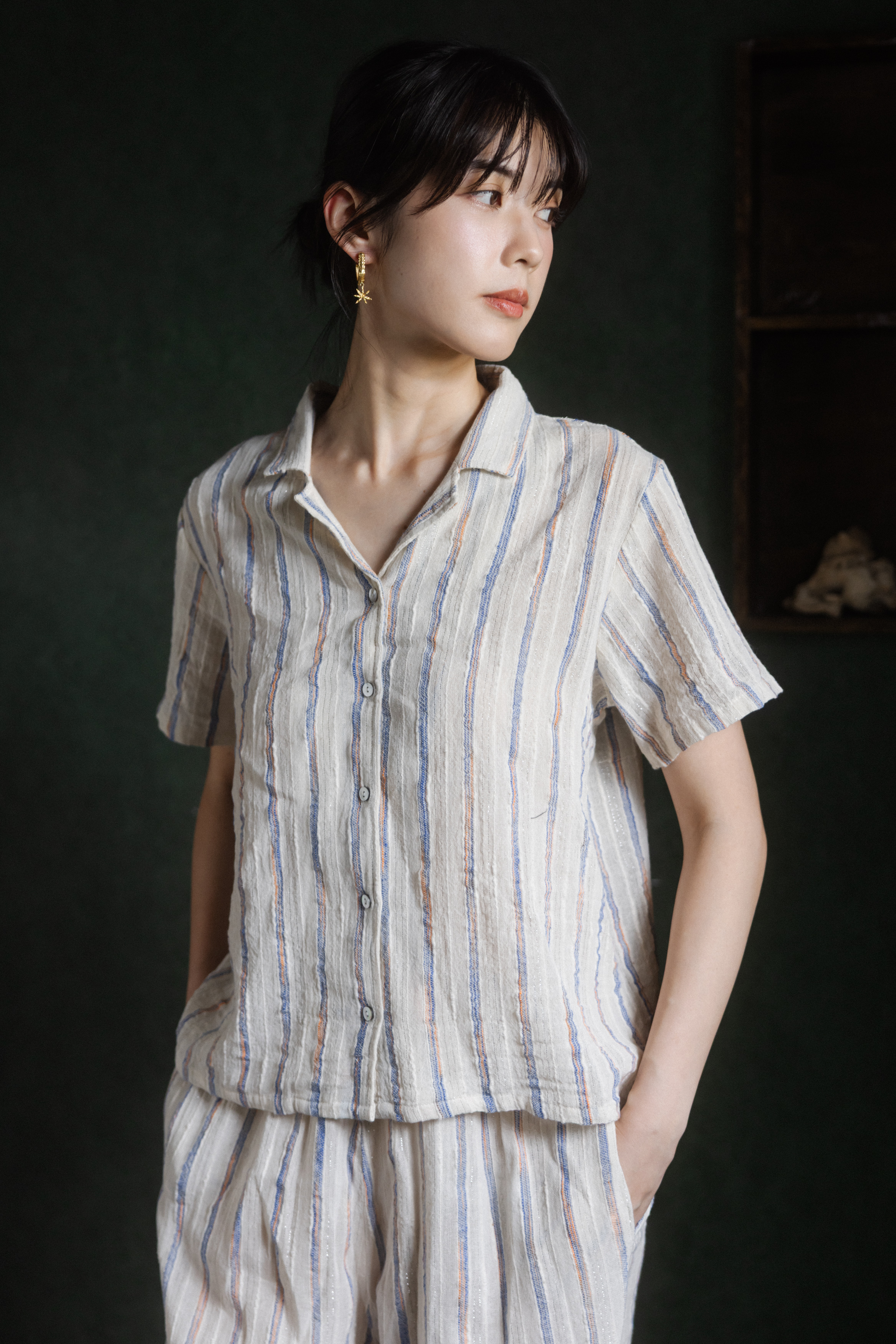 手織布短袖襯衫/寬褲套裝_藍紋