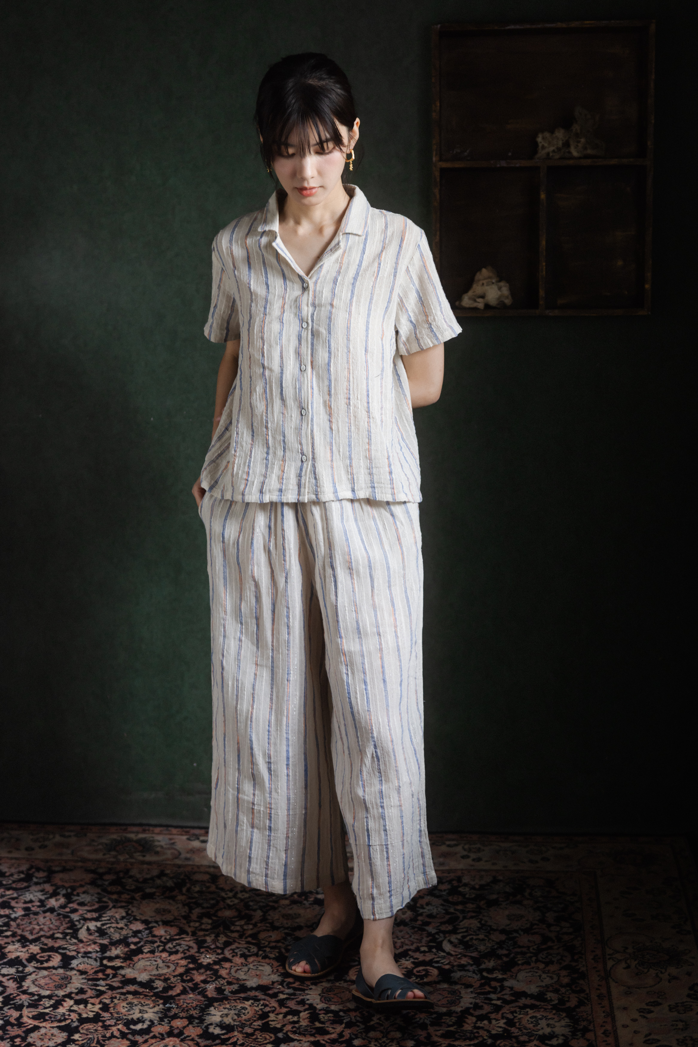 手織布短袖襯衫/寬褲套裝_藍紋