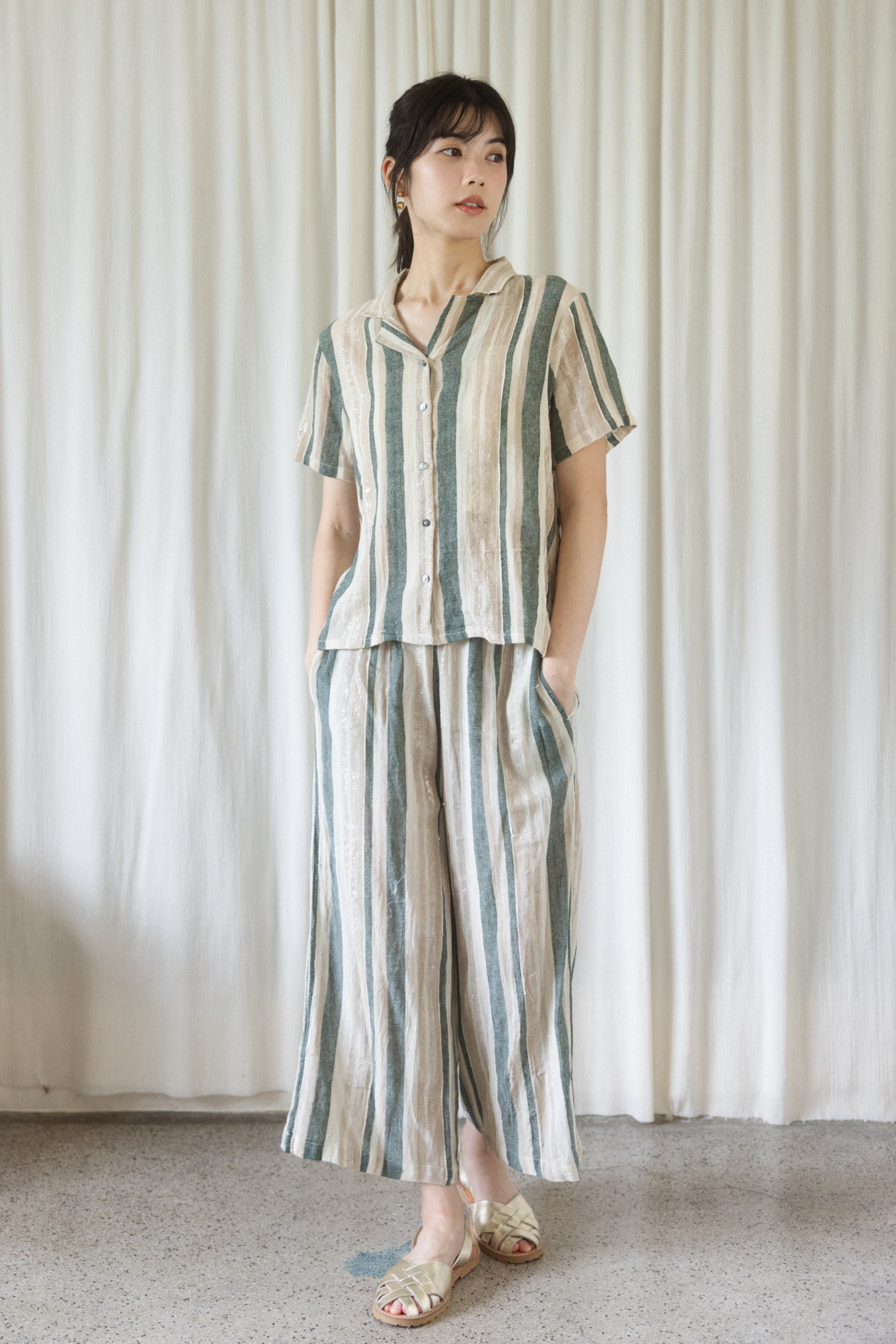 手織布短袖襯衫/寬褲套裝_直紋