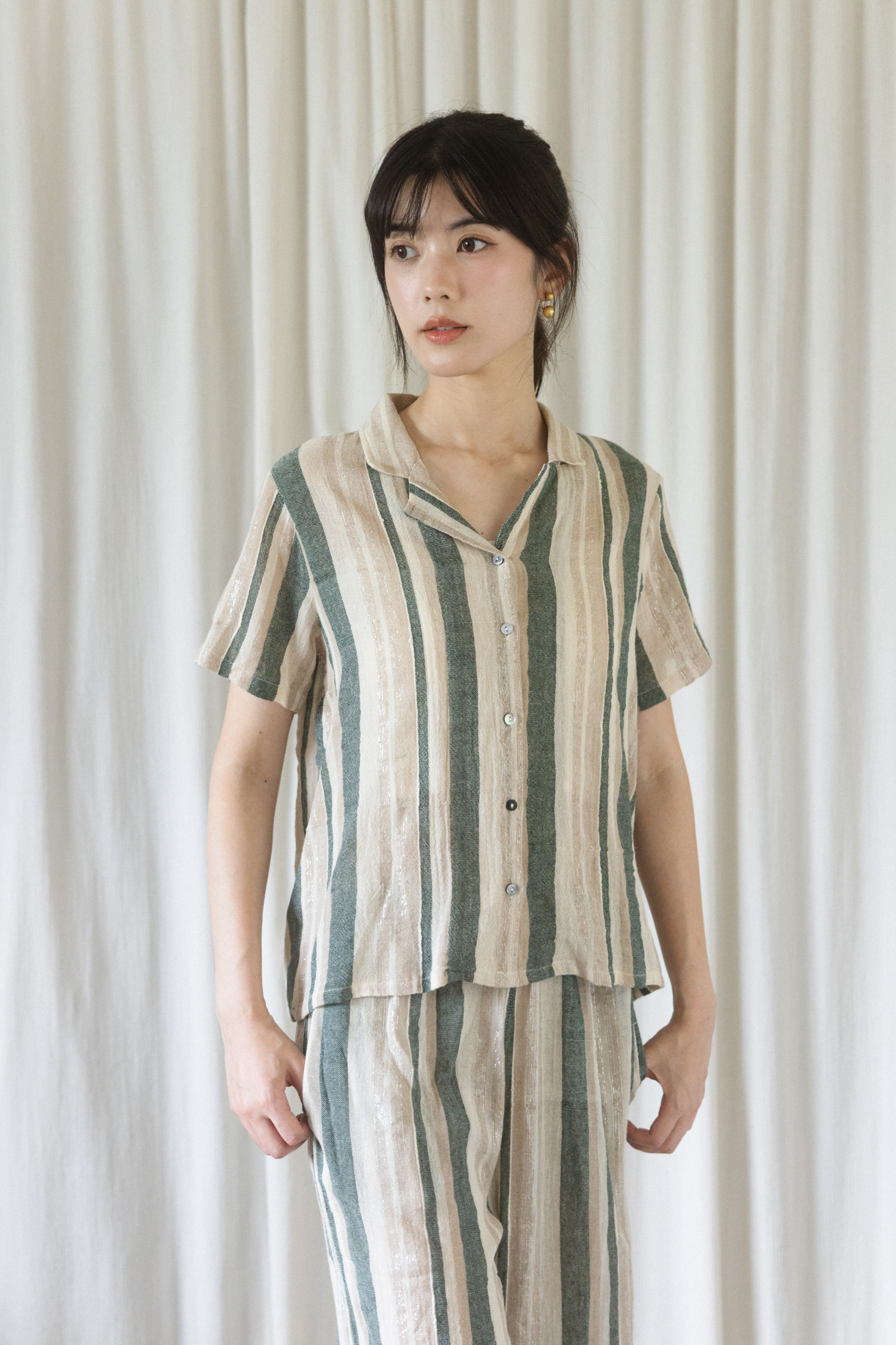 手織布短袖襯衫/寬褲套裝_直紋